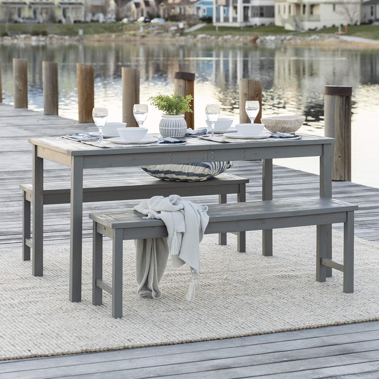 Walker Edison Dominica Contemporary 3 Piece Slatted Acacia Wood Outdoor Dining Table and Bench Set, Set of 3, Grey Wash : Patio, Lawn & Garden