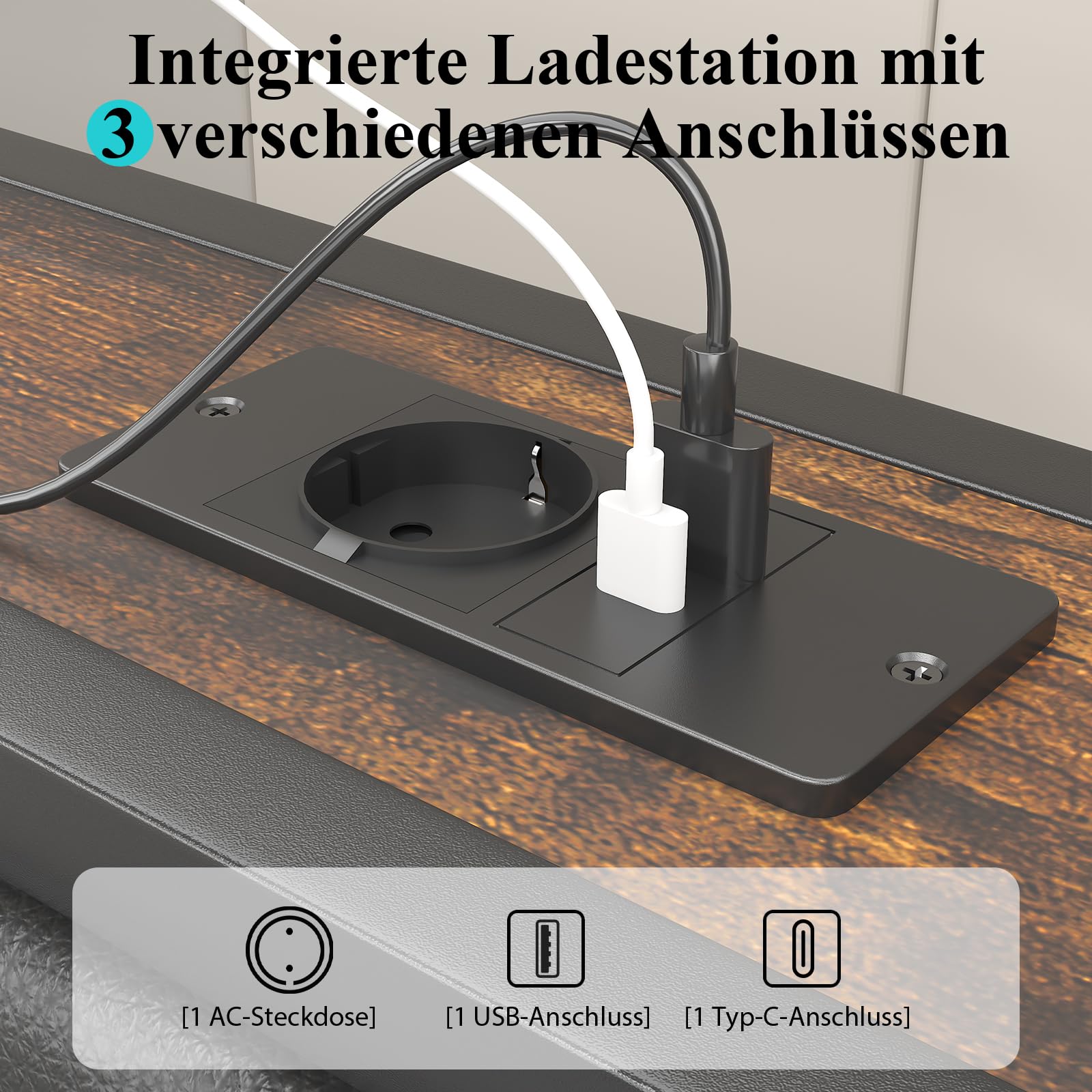 E-Motie Bett 180x200，Polsterbett mit Sternenprojektor, Ladestation und Aufbewahrungsbank， Doppelbettgestell 180 x 200 cm mit Gepolstertes Kopfteil und Lattenrost, Geräuschlos, Modern, Schwarz