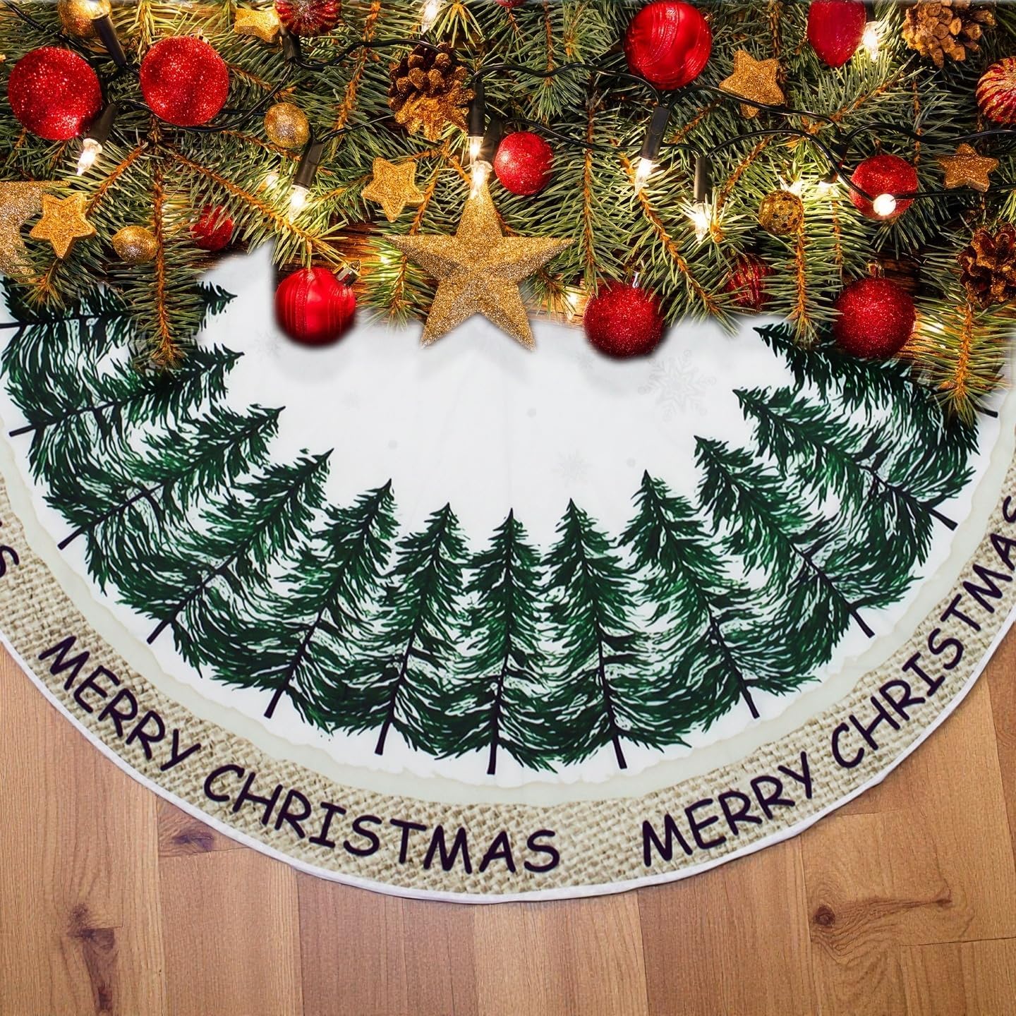 Xygobla Green Christmas Tree Skirt 48 Inch/122Cm, Vintage Pine Trees Snowflake Design Holiday Party Mat For Xmas New Year Home Decoration