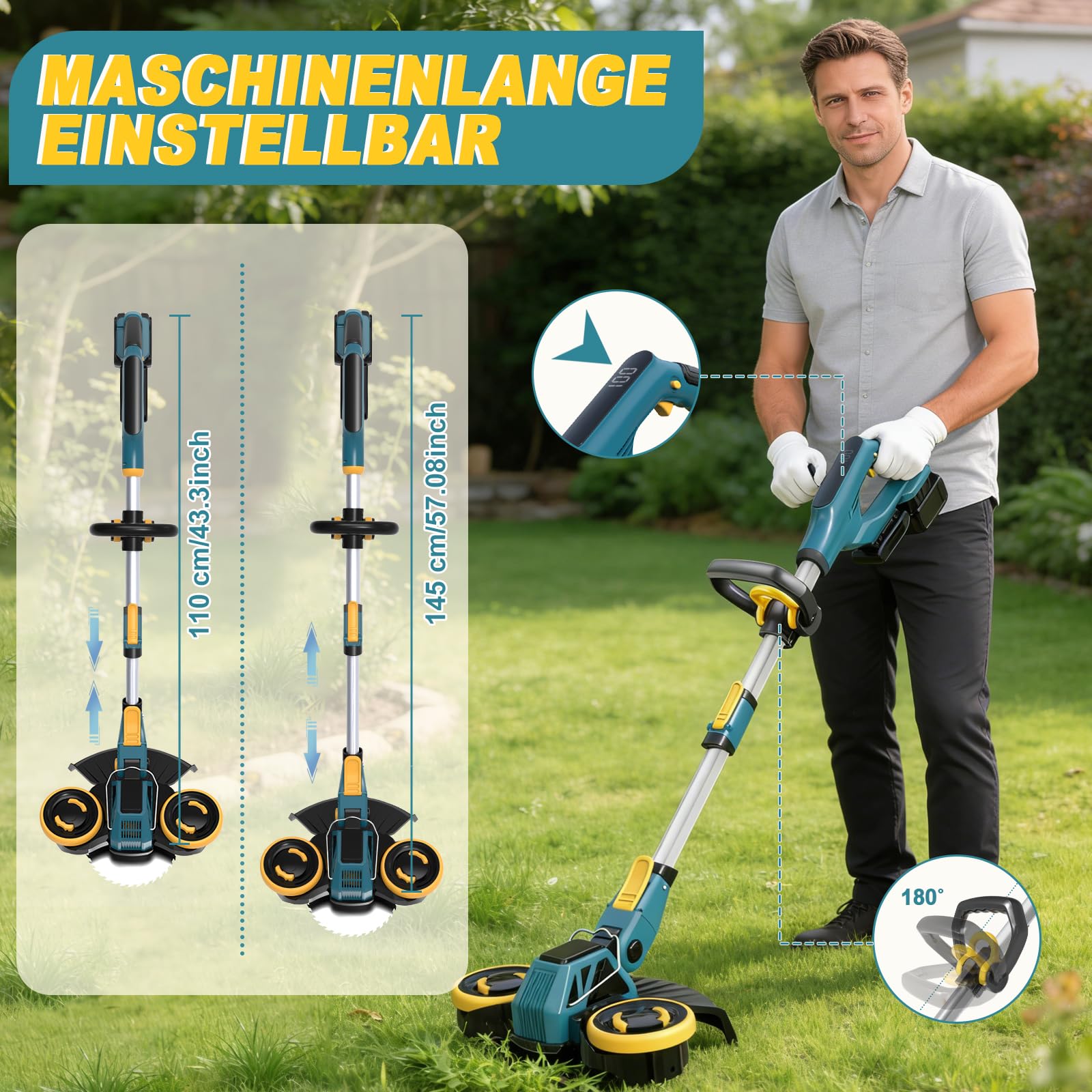 Desbrozadora Bateria 21V, Cortabordes Bateria Brushless con 2 Baterías 4,0Ah, Cepillo de Malas Hierbas, Desbrozadora Electrica 4 En 1 con Ruedas, Cortacesped Electrico Telescópico, Azul