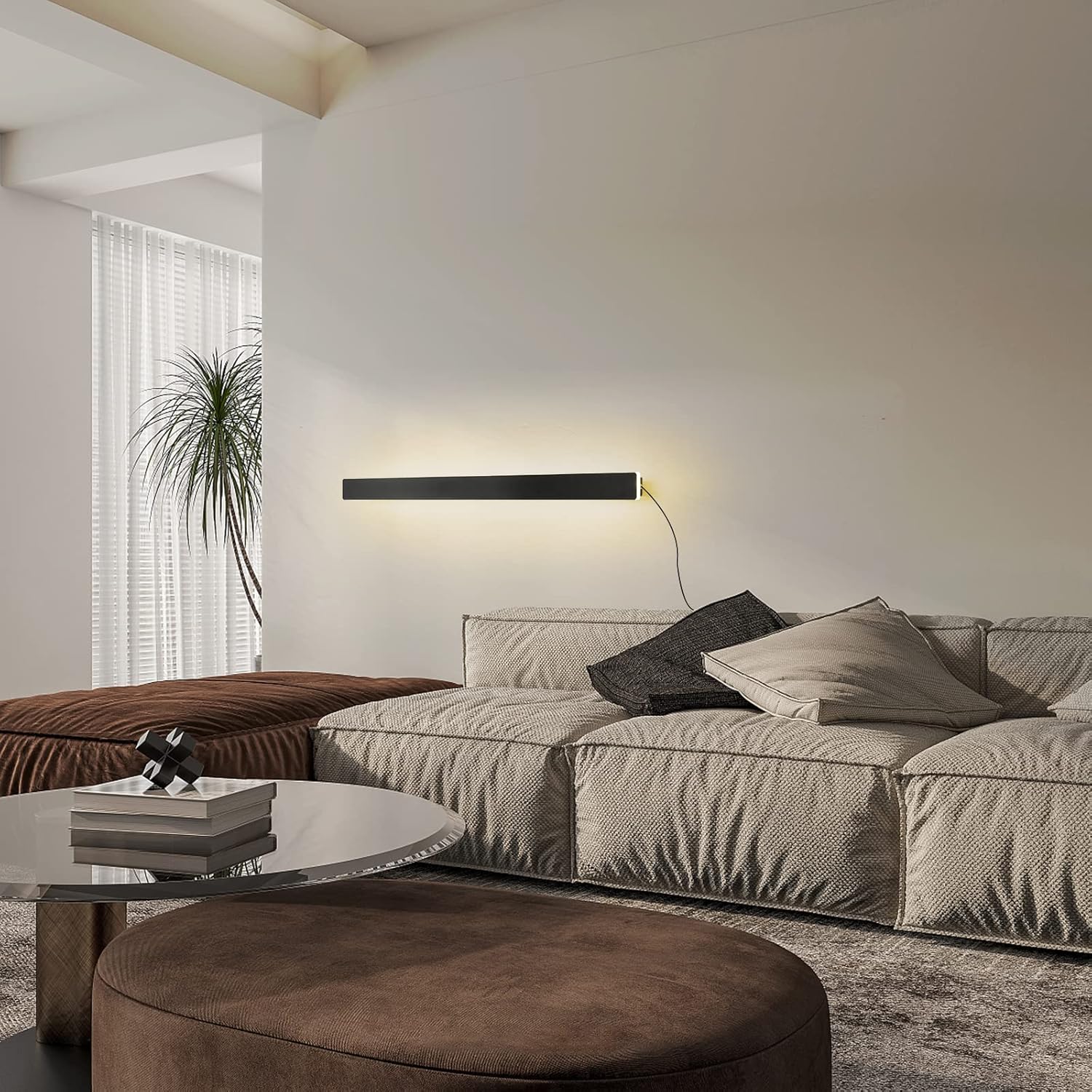 Modern Plug in Long Wall Sconce, 39" Black Matte LED Wall Lights, 20W Warm White 3000K Acrylic Indoor Wall lamp, with 59" Plug Cable for Bedroom, Living Room, Hallway