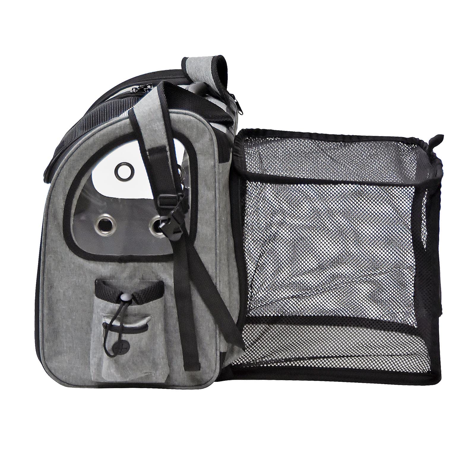 Fudajo Ausziehbarer Haustier Rucksack 27x35,5x41,5 cm bis 6kg, Hunderucksack, Katzenrucksack mit Netz und Fenstern, Schwarz und Grau