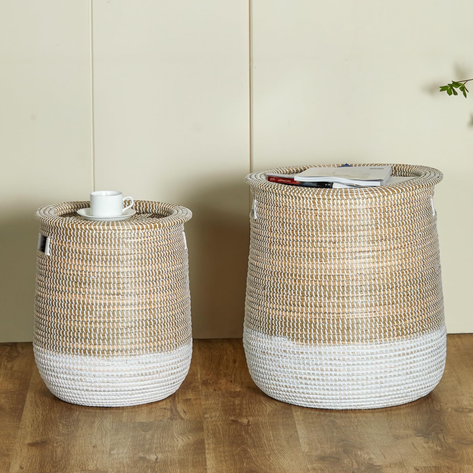 Runder Wäschekorb aus Seegras mit Deckel, 2-teiliges Set – Umweltfreundlicher Aufbewahrungskorb für Kleidung, Spielzeug und mehr – Natürliches Flechtdesign für Zuhause, Schlafzimmer, Badezimmer