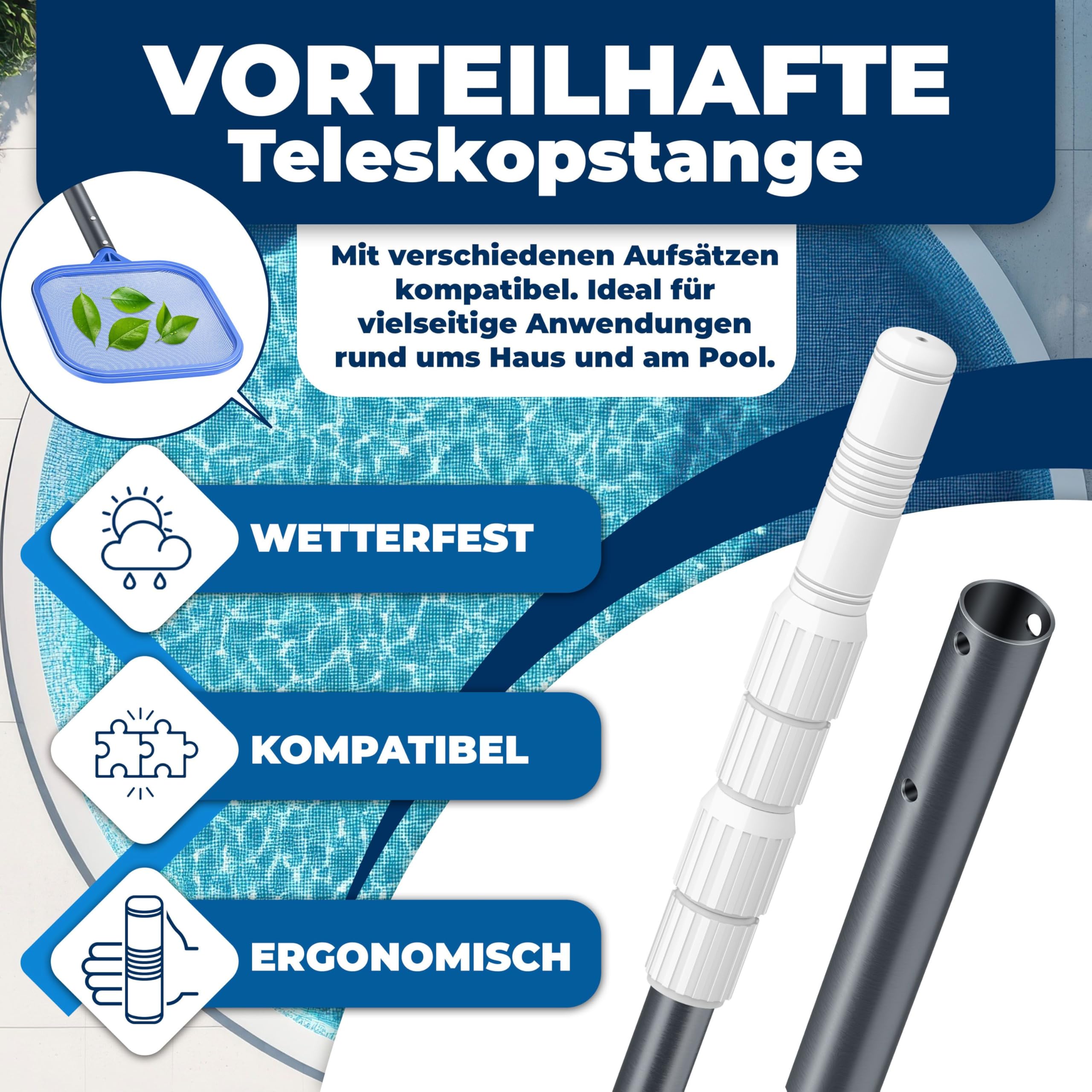 KESSER® Pool Teleskopstange Aluminium Poolstange | Stange zur Poolreinigung 3-teilig | einstellbar von 1,20m bis 3,60m | Witterungsbeständig und Stabil, Anthrazit