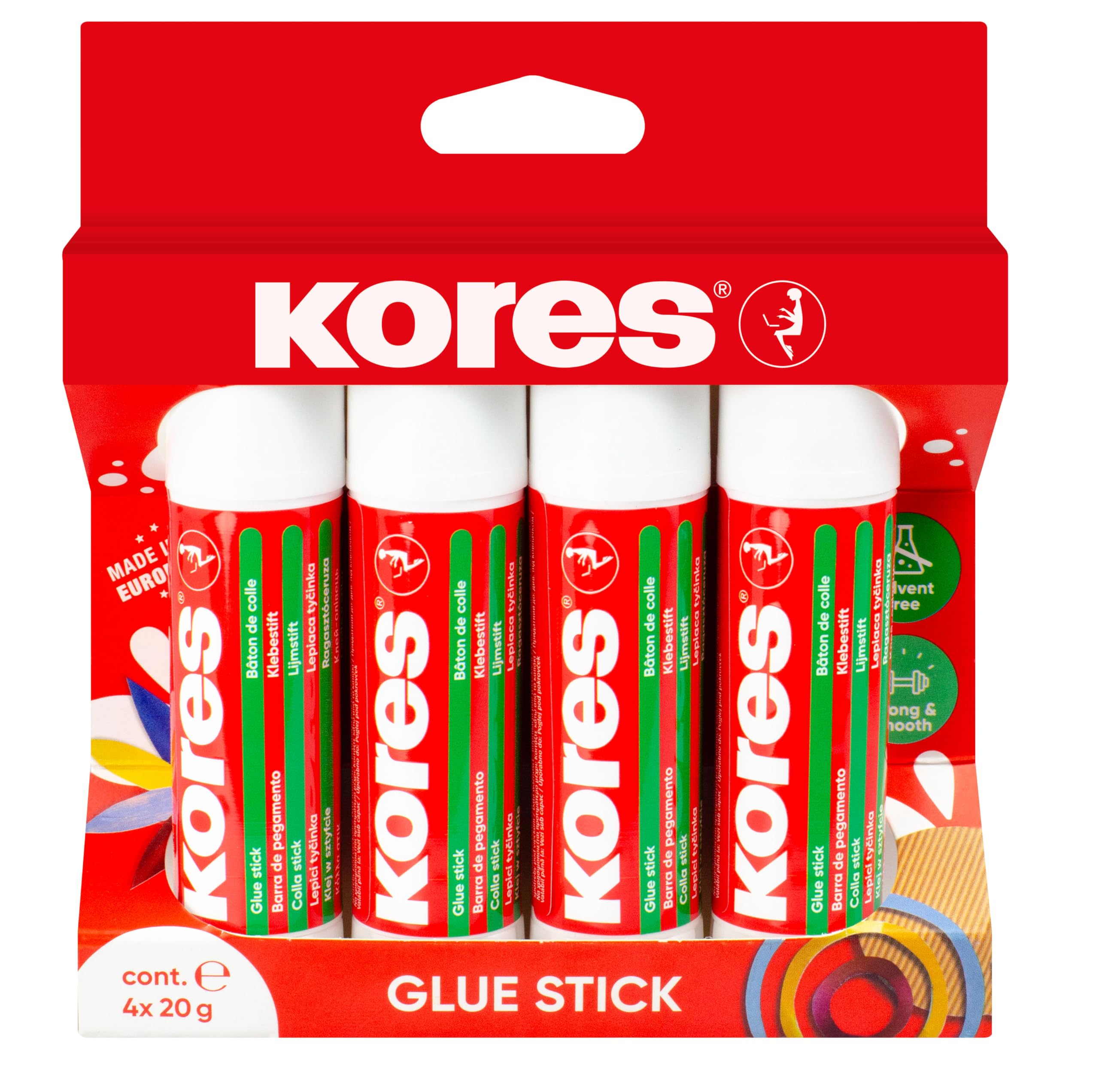 Kores - Glue Stick - Strong Hold White Adhesive Craft Glue, Safe, Non-Toxic - Back to School Stationery, Stationery Supplies, Office Supplies - Multipack of 4 x 20g