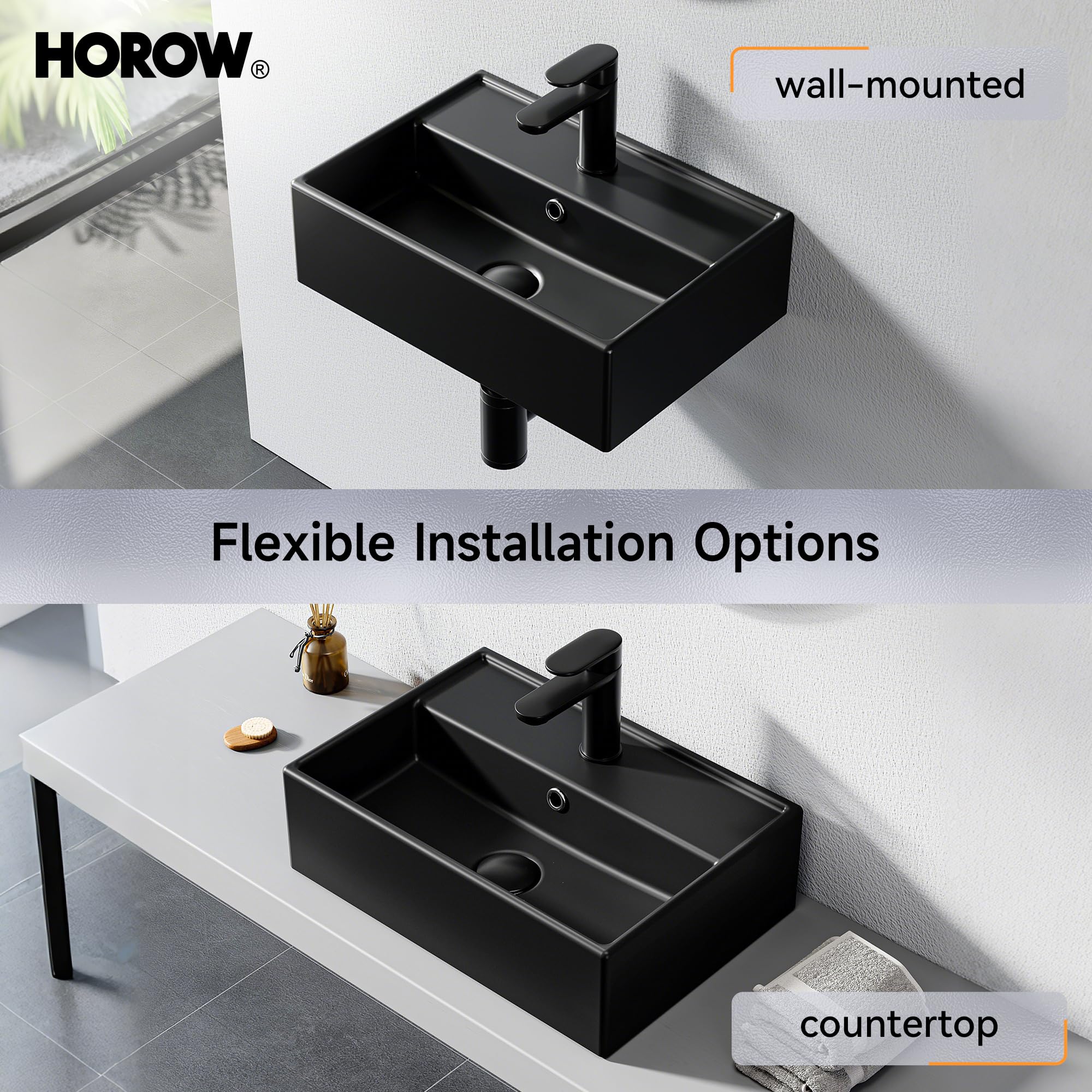 HOROW Lavandino da bagno in ceramica (nero, 45 x 31 cm) – Lavello rettangolare da appoggio/parete | bordo rialzato e superficie inclinata | bordo sottile e sporgenza | per piccoli bagni, guardaroba
