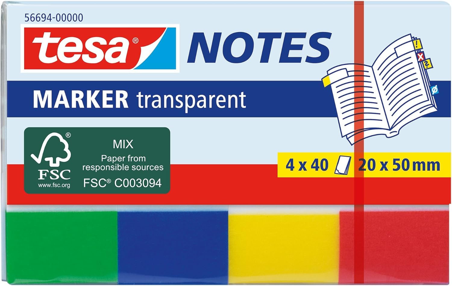 Tesa Notes - Pack 4 Packs of 40 Plastic Adhesive Markers 20 mm x 50 mm