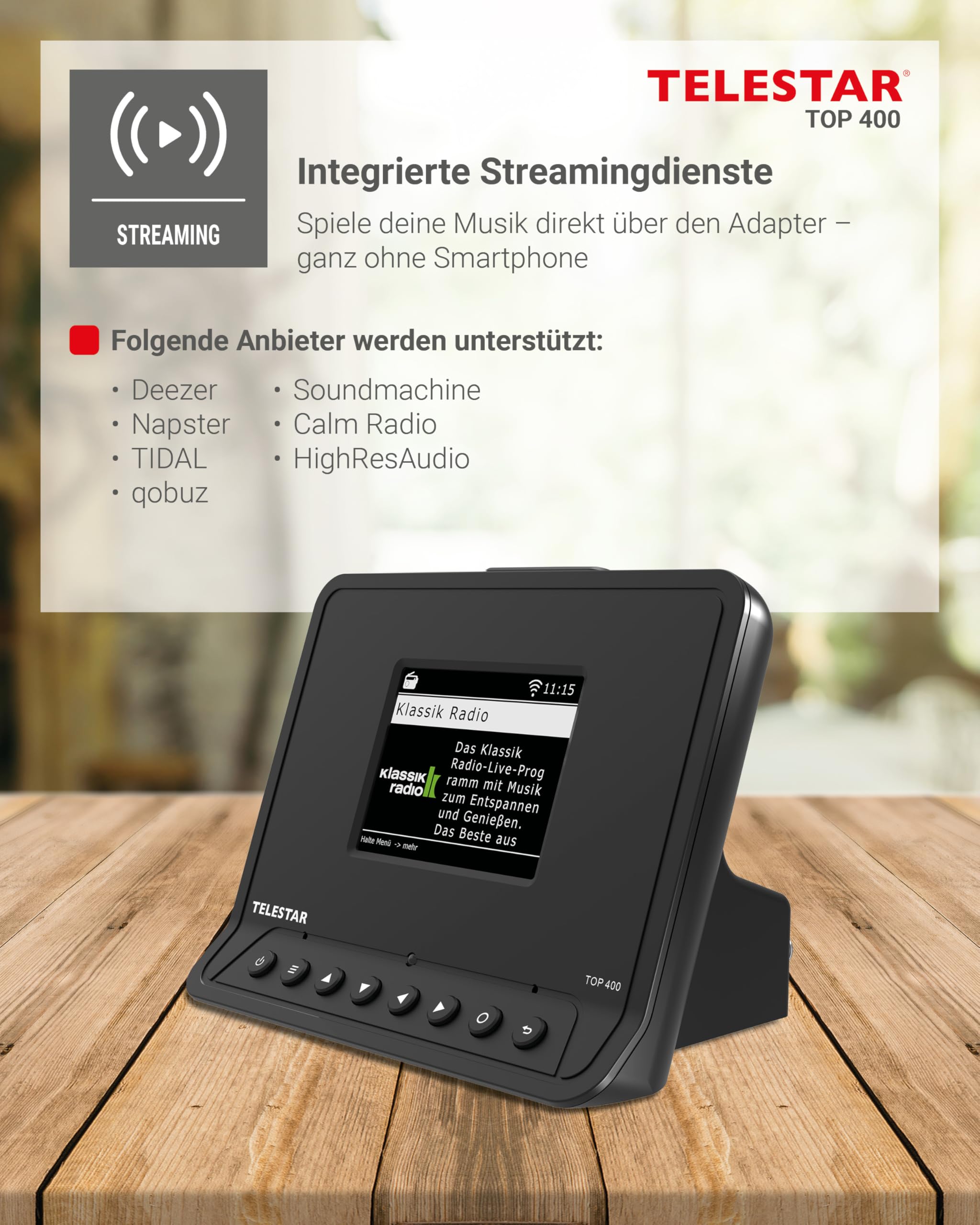 TELESTAR TOP 400 – HiFi-Adapter zur Aufrüstung von HiFi-Anlagen – Schwarz | Internetradio, DAB+, Streamingdienste, Bluetooth Audio-Streaming & Sendefunktion, USB-Aufnahme, Hotelmodus, Nachtmodus