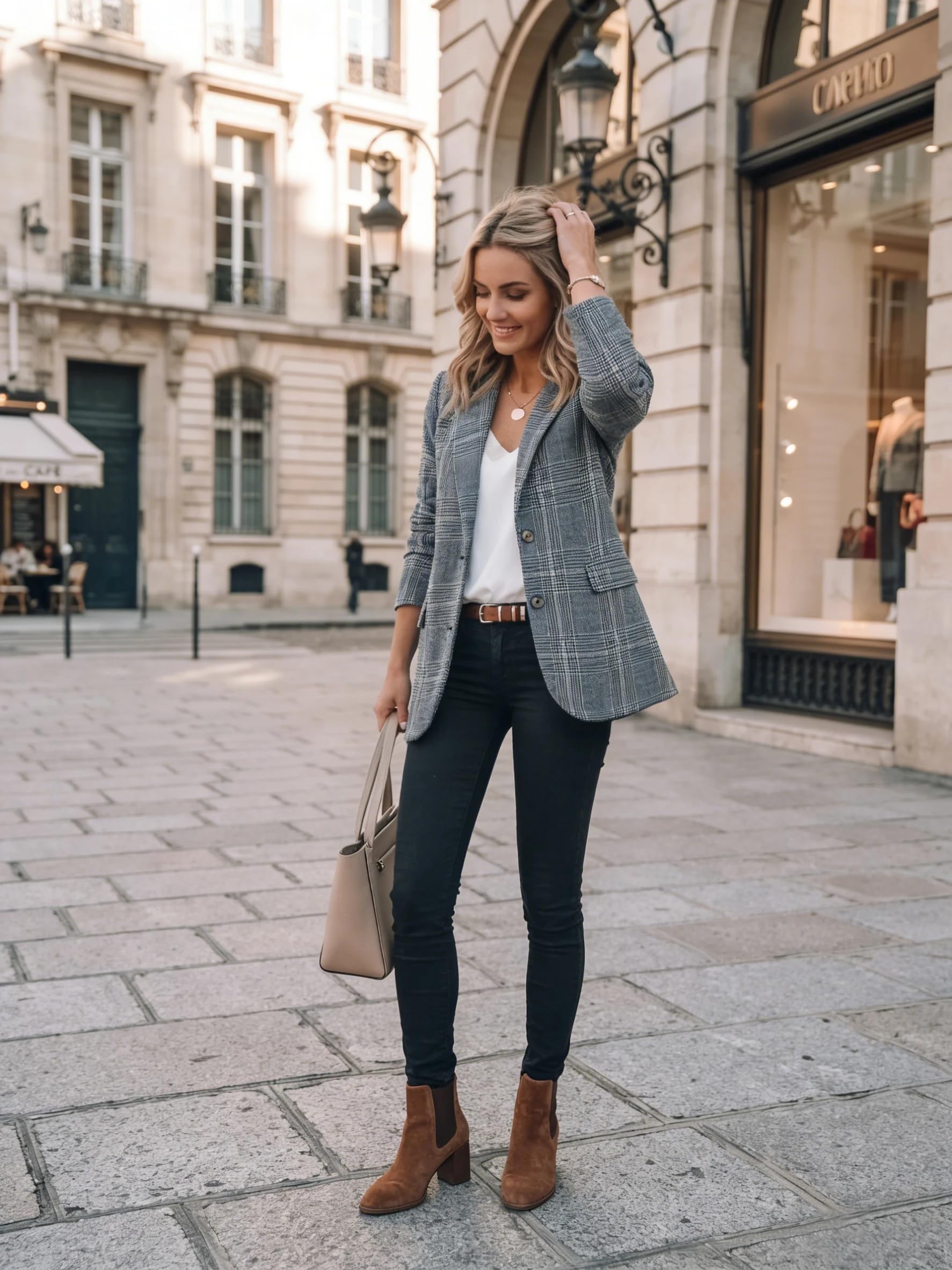 IDEALSANXUN Blazer en Tweed pour Femme - pour l'automne et l'hiver - Style décontracté - Motif Pied-de-Poule