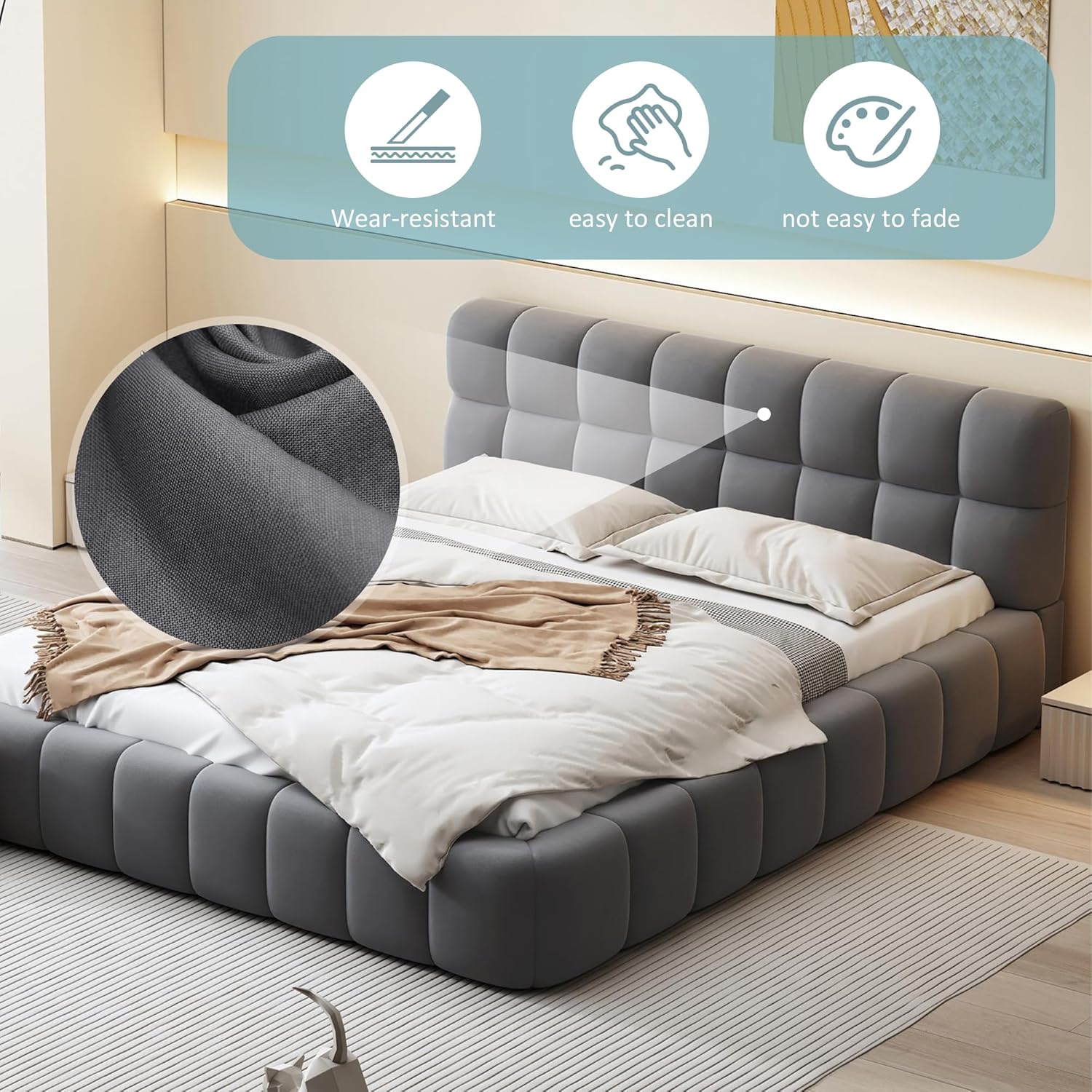 Merax Queen Size Upholstered Platform Bed, Platform Bed with Thick Fabric, Grounded Bed with Solid Frame, Gray