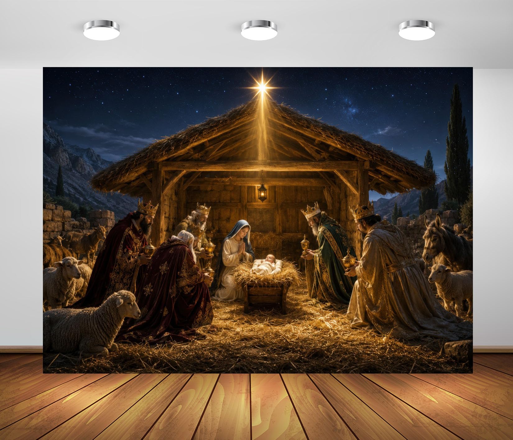 10x10FT (3x3m) Presepe Dorato Con Re Magi Sfondo Fotografico