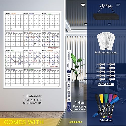 Miniatura 2 de Calendario de pared grande  45 x 60 pulgadas  Planificador de pared reutilizable de borrado en seco  Póster laminado gigante  Organizador de