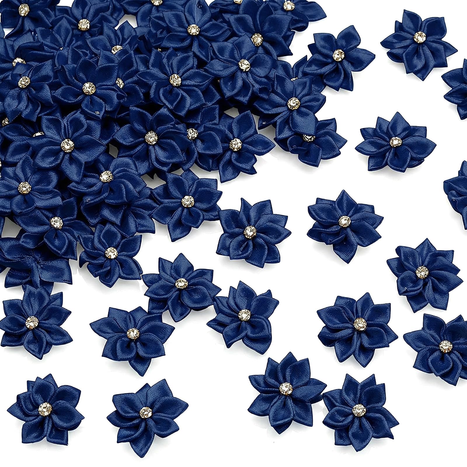 Photo 1 of Juexica 100 Pcs Mini Satin Ribbon Flowers Bows with Rhinestones, 1.1 Inch Small DIY Applique Flowers for Wedding, Graduation Cap, Party Supplies, Home Decor Craft Gift(Navy Blue)
