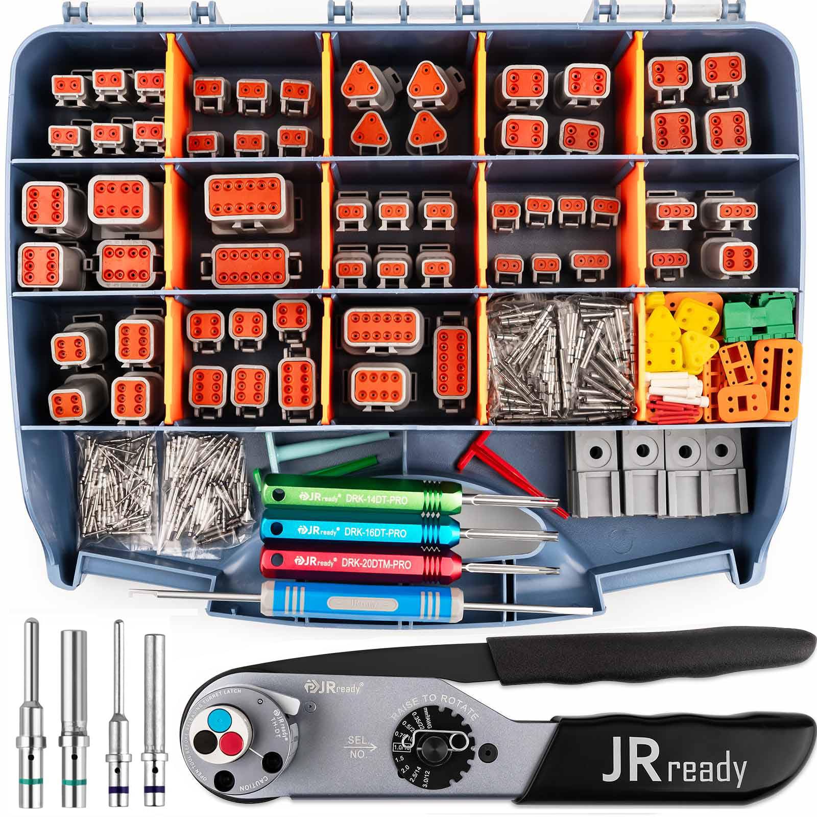 JRready ST6437 Deutsch Connector Kit, DT DTM Connectors 2 3 4 6 8 12 Pin with Turret Style Crimping Tool, Size 16 20 Solid Pins Wire Gauge 14-22AWG, 14AWG Yellow Seals and Removal Tools