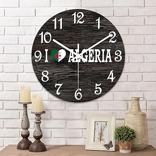 Flag of Algeria Wall Clock I Love Algeria PVC Wall Clock 10inch Rustic Farmhouse Clock Silent Battery Operated Round Wall Decor for Bedroom Master Room