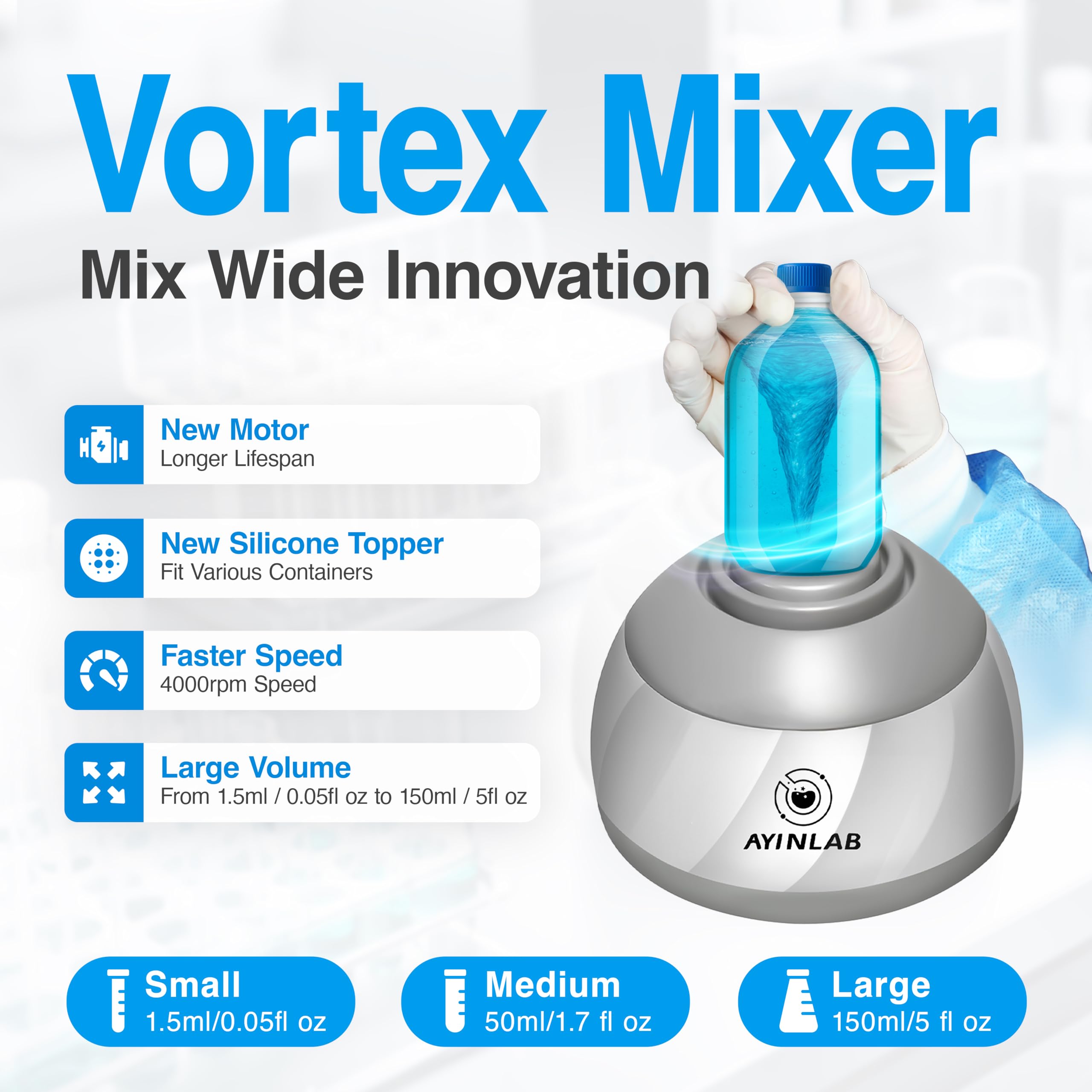 Mix Wide Vortex Mixer 4000 U/min, Farb- & Labor-Mixer, 20.000h bürstenloser Motor, max. 150ml, für Chemie, Nagelgel, Tinte, Harz, DIY