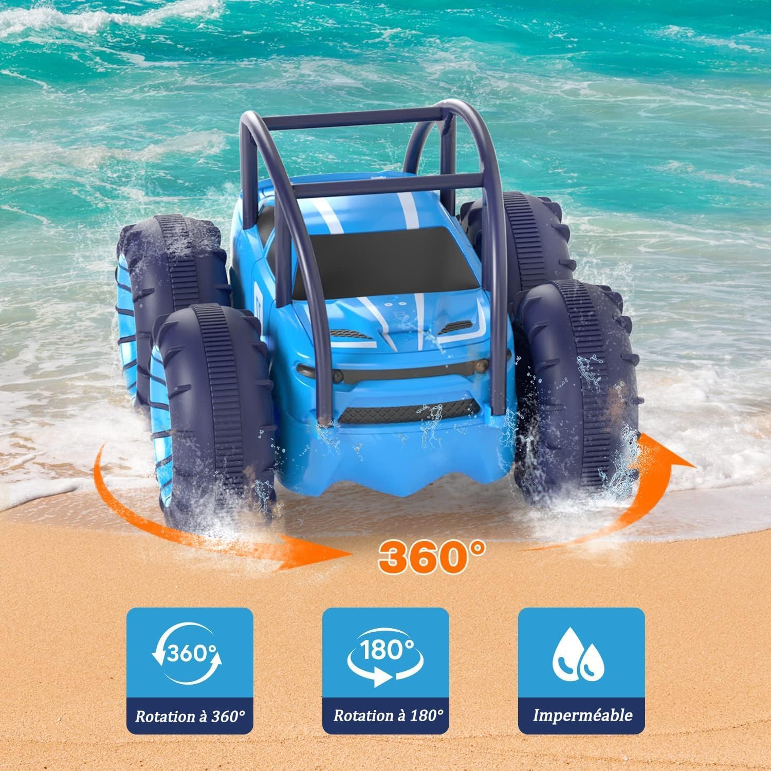 MaxTronic Chargement Direct Voiture Télécommandée avec LED Réglable, Amphibie RC Radiocommandée pour Enfant 4WD 360° Rotation, 2.4Ghz Tout Terrain Voiture Cars Fête Cadeau 3-12 Ans Garçon Fille