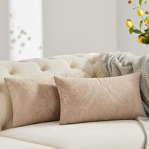 GIGIZAZA Fundas de almohada de terciopelo de 18 x 18 pulgadas, paquete de 2 piezas, cojines decorativos beige champán con estampado de flores en