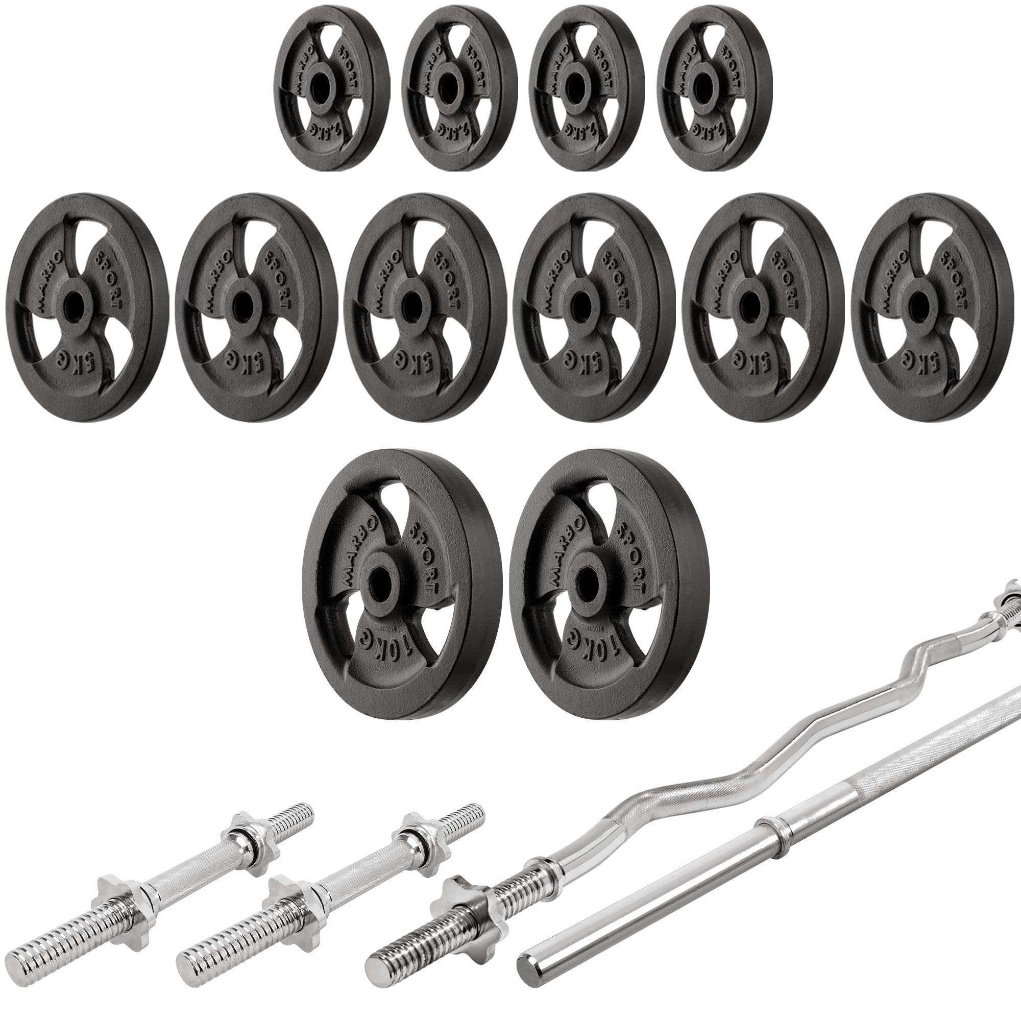 Set MH24 – verstellbare Hantelbank, höhenverstellbarer Langehantelständer, 1x SZ-Curlstange, 2x Kurzhantelstange, 1x Langhantelstange + Gewichtsscheiben / gummierte Gewichtsscheiben, 83/113 insg. Kg
