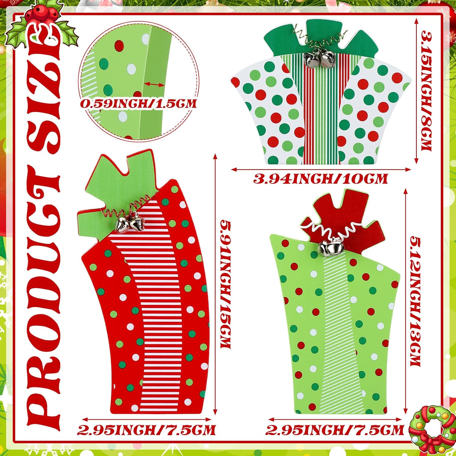 3 Pcs Christmas Table Centerpiece Decoration Red Green Wooden Gift Box Sign Rustic Sanding Tabletop Ornament with Bells for Holiday Xmas Farmhouse Fireplace Tiered Tray Decor - Image 2