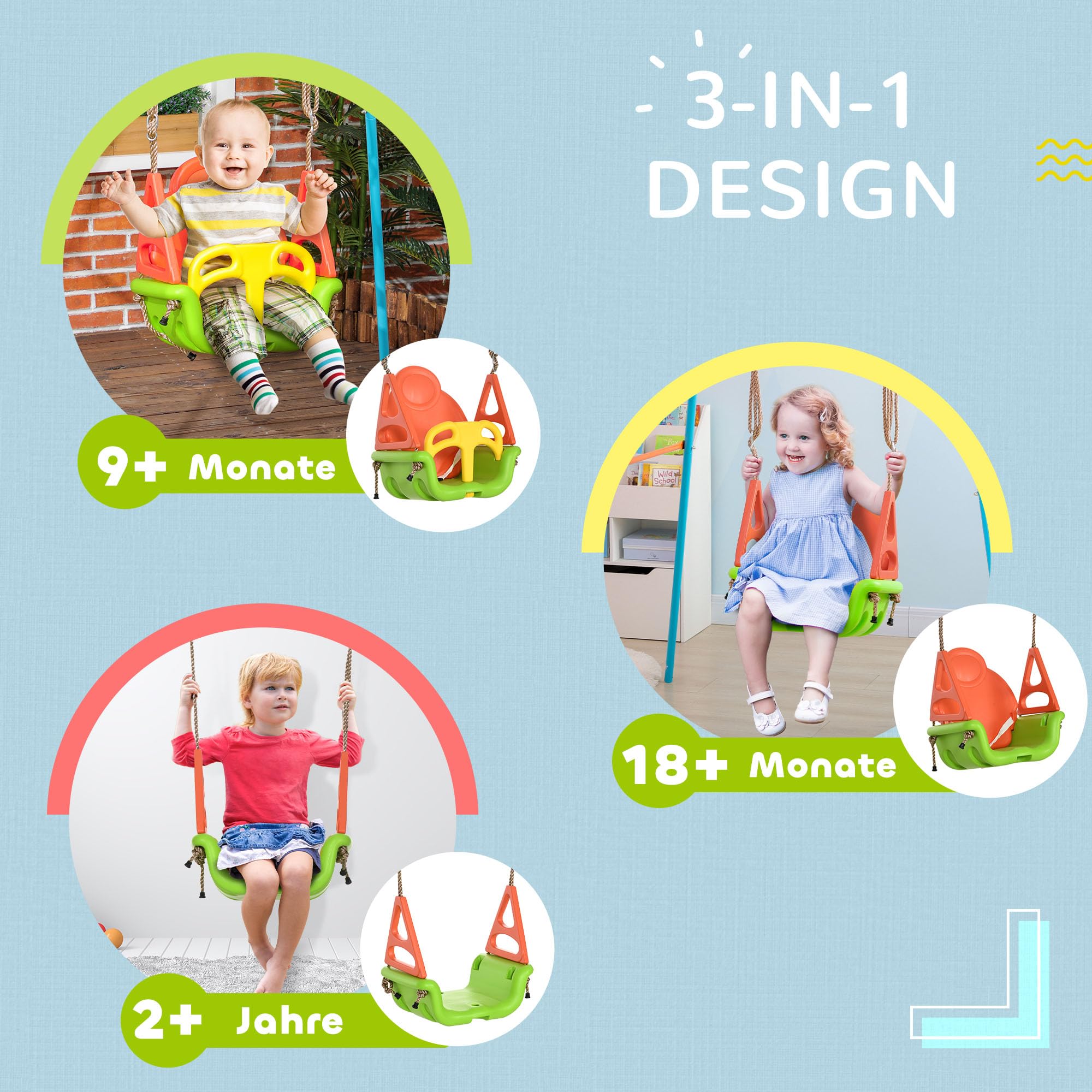 Outsunny Babyschaukel 3 in 1 Kinderschaukel Babysitz verstellbar Mitwachsend Schaukelsitz mit Rückenlehne, für Kinder von 9-36 Monaten, für Outdoor & Indoor, Grün