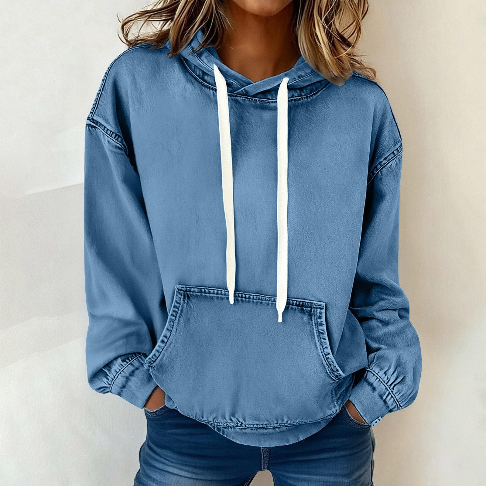 Generisch Sweat à capuche pour femme - Oversize - En jean - Manches longues - Couleur unie - Décontracté - Pour le sport - Streetwear - Mode - Veste à capuche chaude pour l'automne - Pour femme
