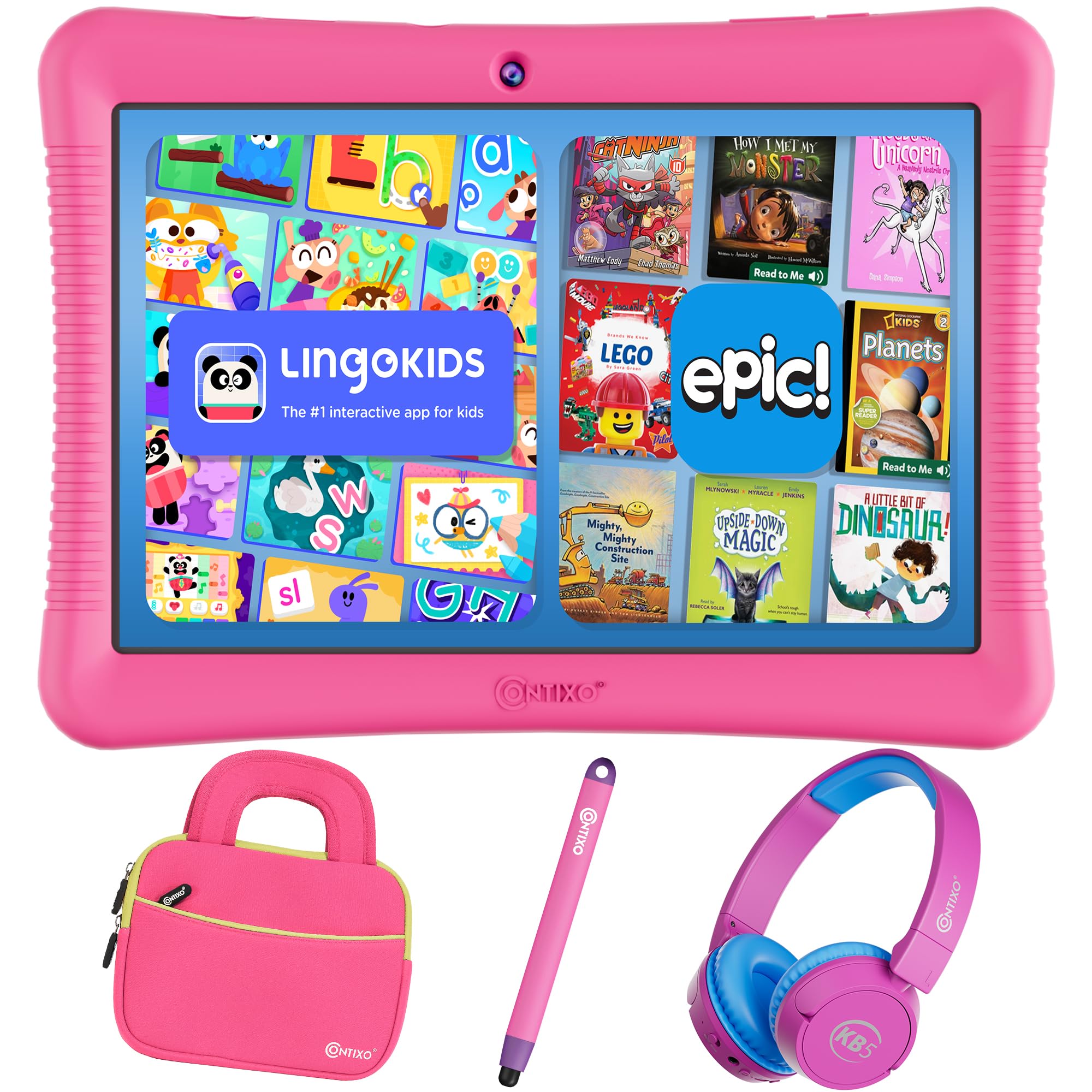 Contixo 10" Android Kids Tablet Bundle - 32GB, Epic! &amp; Lingokids Educational Apps, Parental Controls, Kid-Proof Case w/Kickstand &amp; Stylus, Headphones &amp; Sleeve Bag - Pink