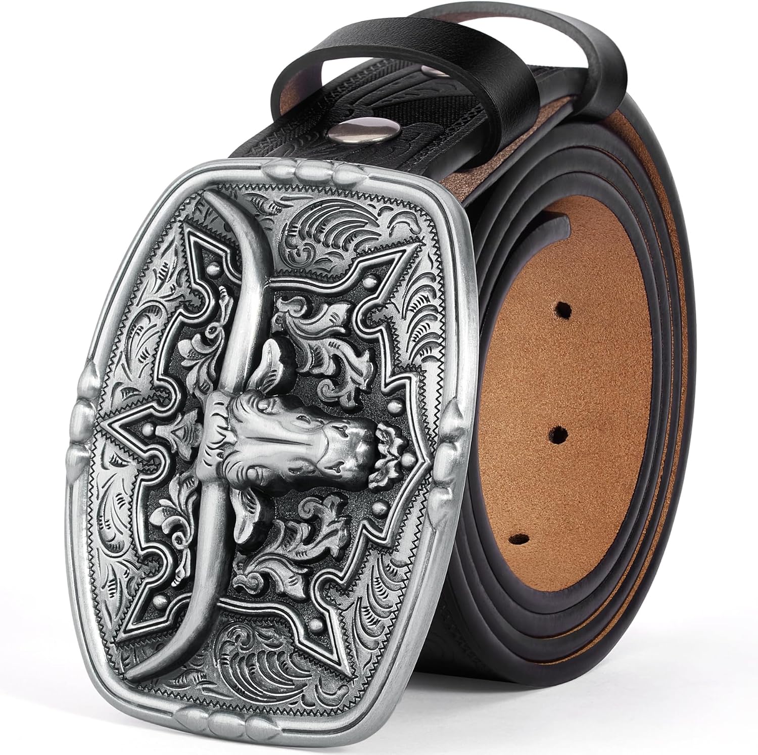 BISON DENIM Men's Western Cowboy Belt with Big Printed Engraved Buckle Strap Adjustable