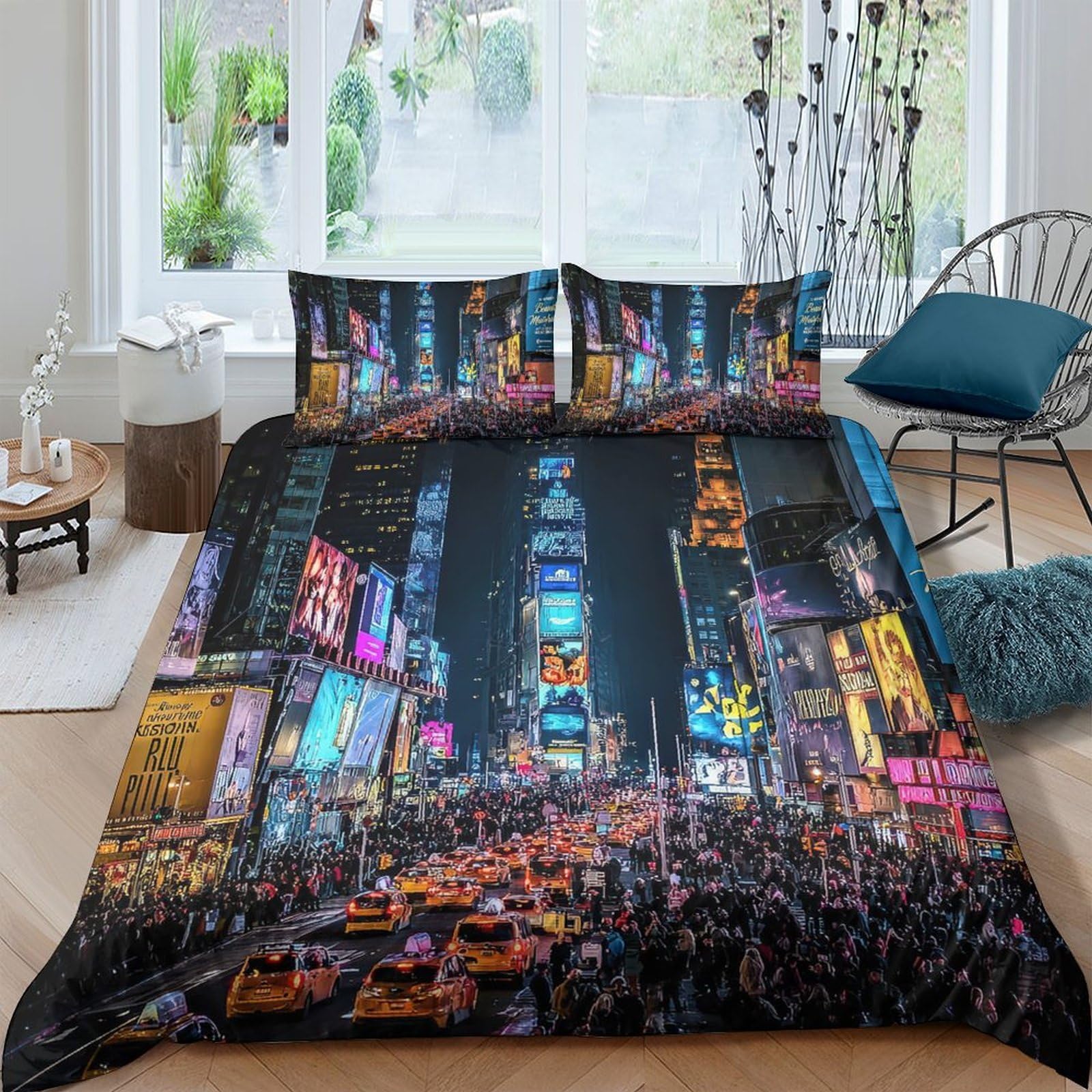 Ctjqhvkz Style-1 3D Printed Times Square Night View Fitted Sheet Microfiber Soft Urban Lights Bed Sheet For Bedroom Dorm Decor Single（135X200cm）