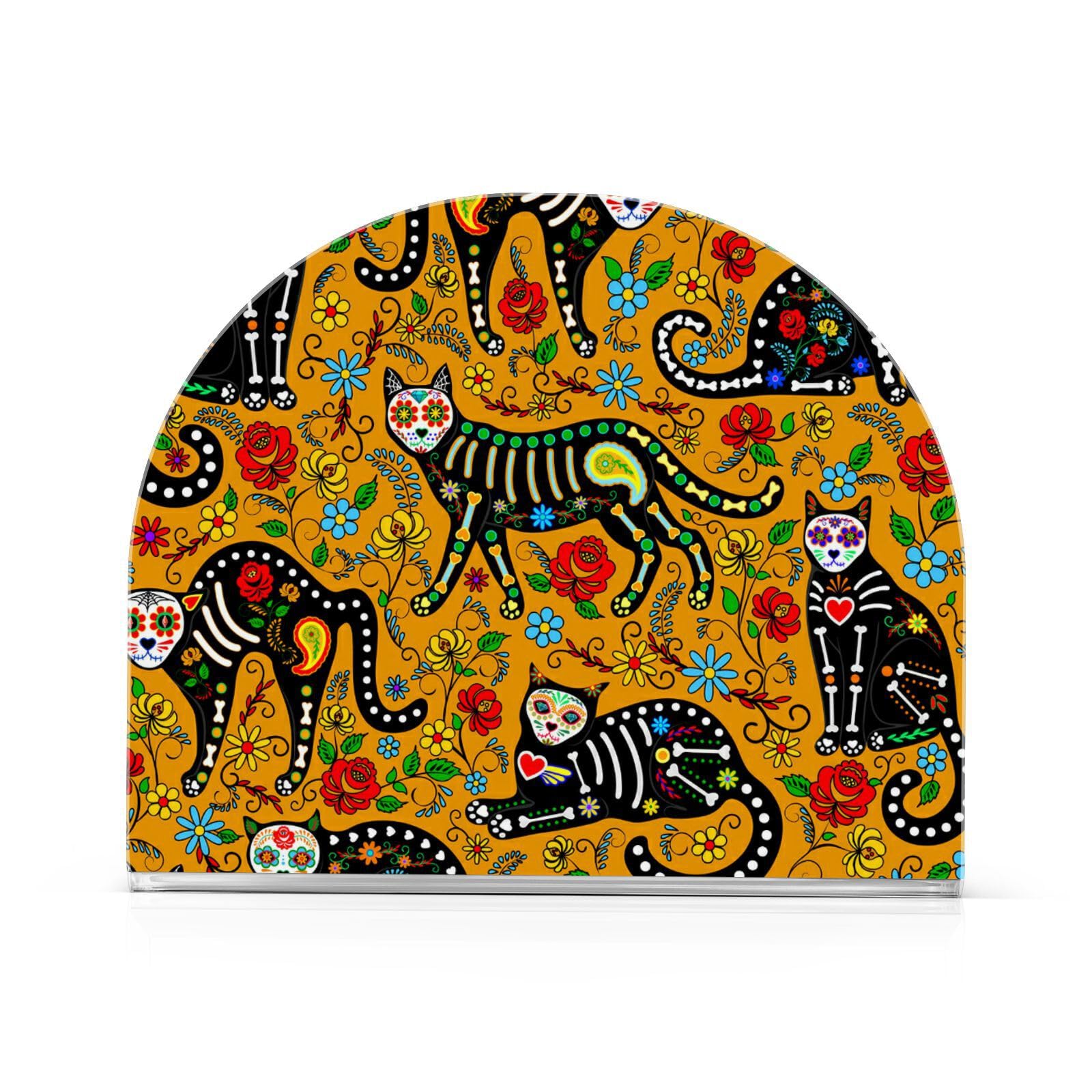 Sugarm Cat Skull Black Hallween Napkin Holder Acrylic Napkins Holder for Kitchen Dining Table Tissue Paper Dispenser Napkin Holders for Farmhouse Cocktail Picnic Bar Rustic Home Table Decor