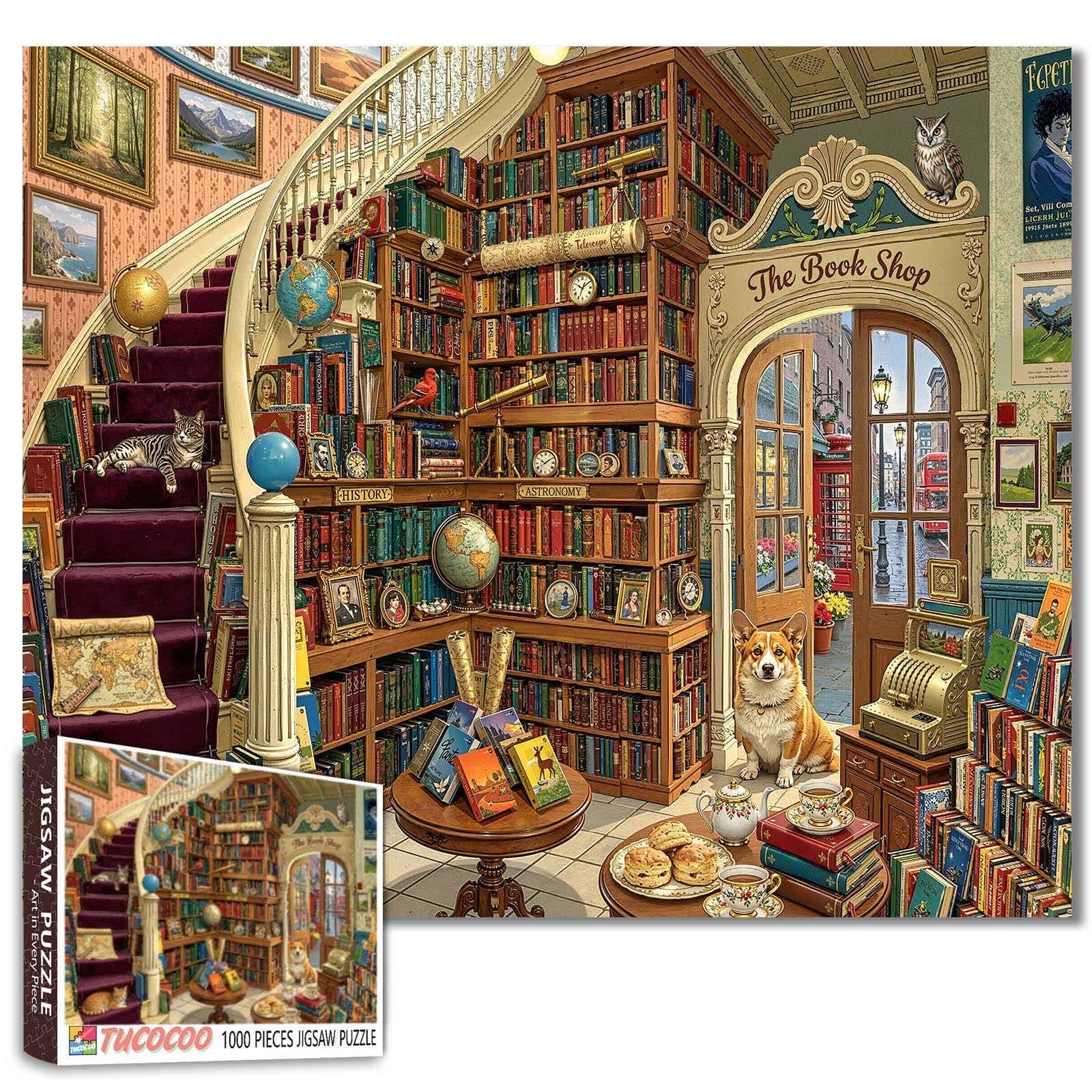 Vintage Bookshop Library Jigsaw Puzzles for Adults 1000 Pieces British Style Dog Bookstore Scene Family Activity Games Literary Art Puzzles Home Decor 19.7 x 27.6 Inch