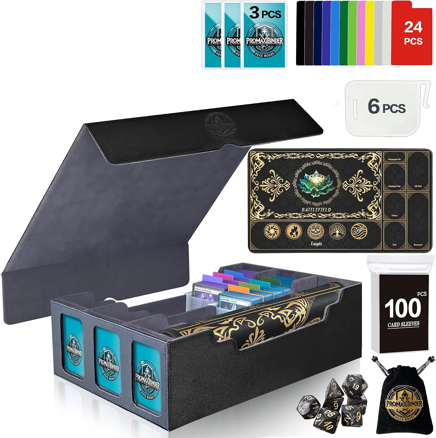 PROMAXIBINDER Trading Card Storage Box with Playmat, 3 Display, Black&Grey
