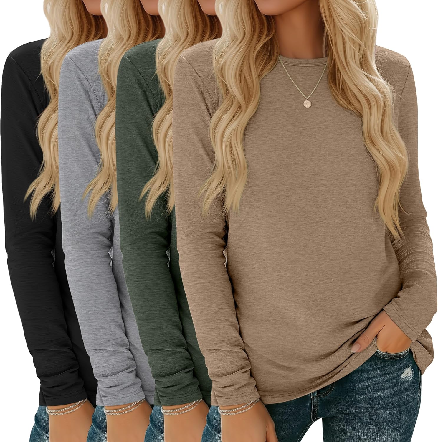 4 Pack Women' Long Sleeve Shirts Tops Casual Loose Fit Crew Neck Basic Tee Fashionable Workout Layer Fall Outfit