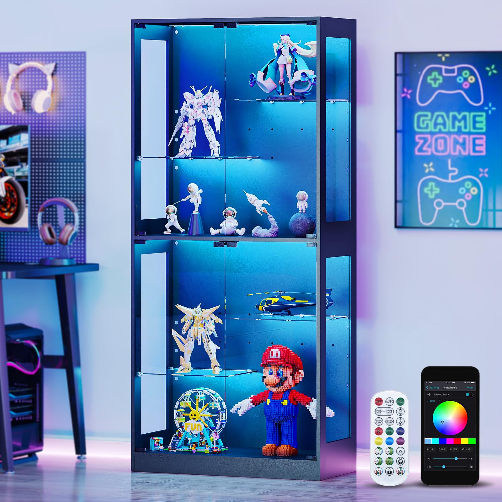 Lamtor Display Cabinet with Lights - 69" Curio Cabinet for Collectibles with Glass Door and Adjustable Shelves, 4 Tier Glass Display Case for Living