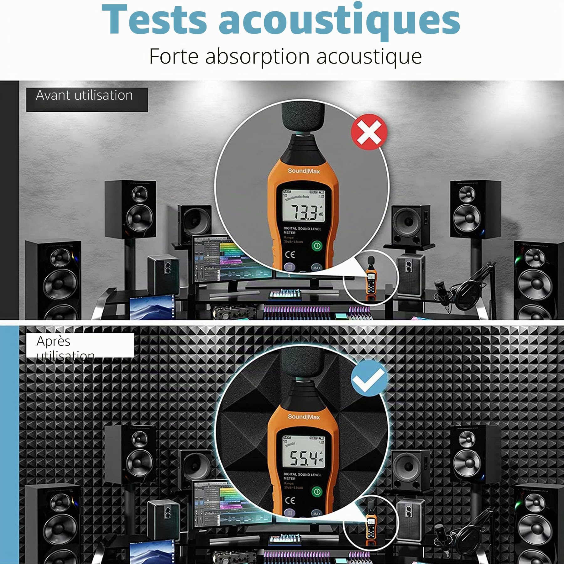 Lot de 12 panneaux acoustiques autocollants en mousse acoustique - Absorbeur acoustique - Mousse alvéolée - Tapis d'insonorisation pyramide - Panneaux acoustiques - Tapis en mousse acoustique