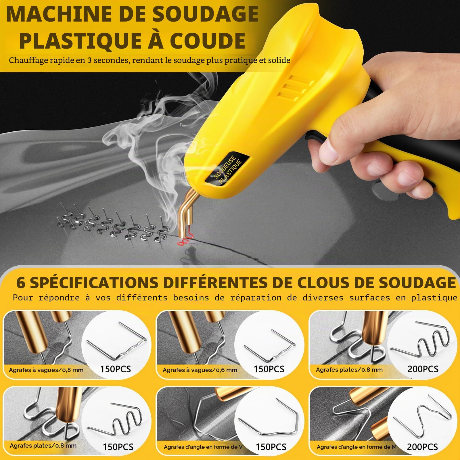 200W Soudure Plastique, 2 en 1 Kit de Reparation Souder Plastique avec 1000Pcs 6 Types Agrafes,Soudeuse Plastique Machine a Souder, Soudeur Plastique pour Réparation de Pare-Chocs de Voiture