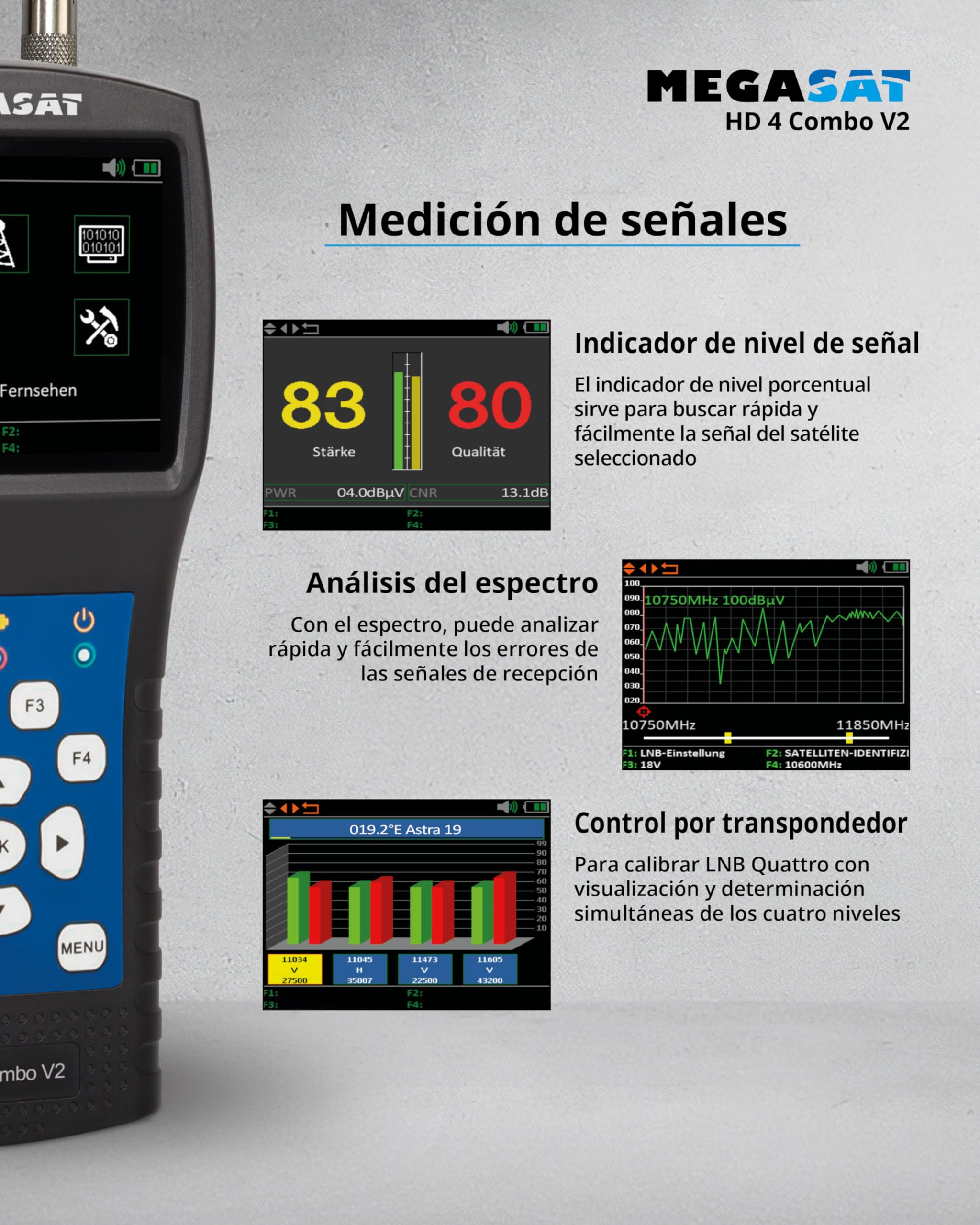 Megasat HD 4 Combo V2 – Medidor para satélite, Cable y TDT | DVB-S/S2, TDT, DVB-C, pantalla a color de 6,9 cm, Unicable, análisis de espectro, batería