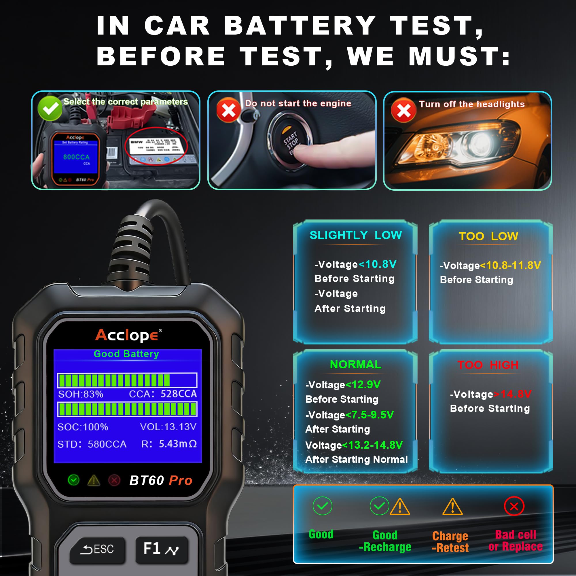 BT60 PRO tester akumulatorów 100-3000 CAC 6V/12V/24V 2-120 AH Litium/AGM/Gel/EFB analizator akumulatora samochodowego