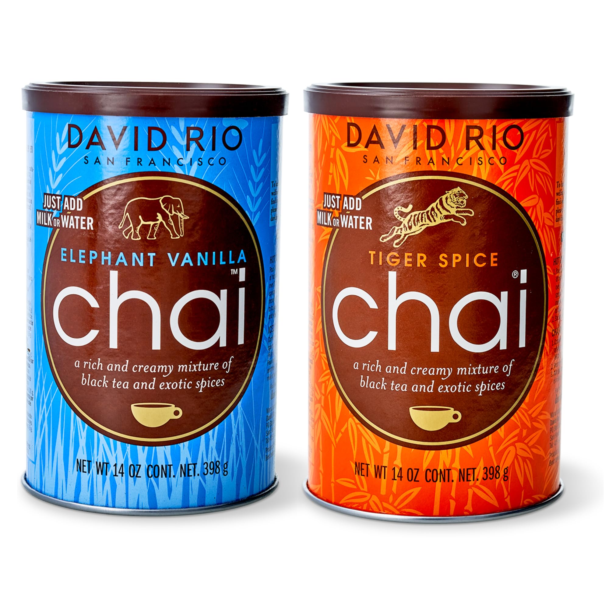 David Rio Chai Set I 2 Dosen I Chai Latte Pulver I köstliches Duo (Elephant Vanilla 398 g, Tiger Spice Chai Set 398 g Dose)