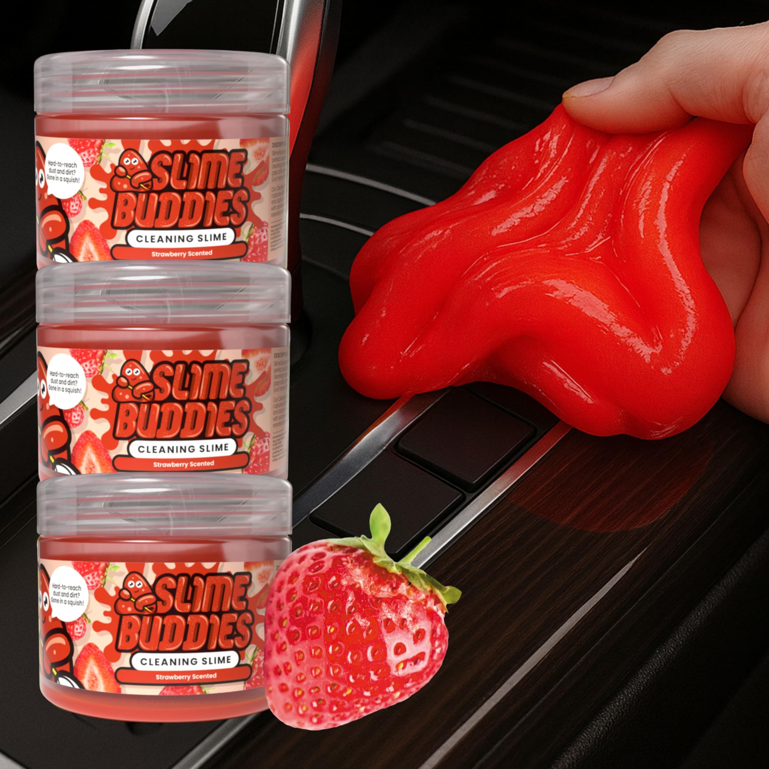 Slime Buddies Cleaning Gel | Pack of 3 - Great for Car Interiors, Cup Holders, Keyboards & More | Reusable Cleaning Slime - Strawberry