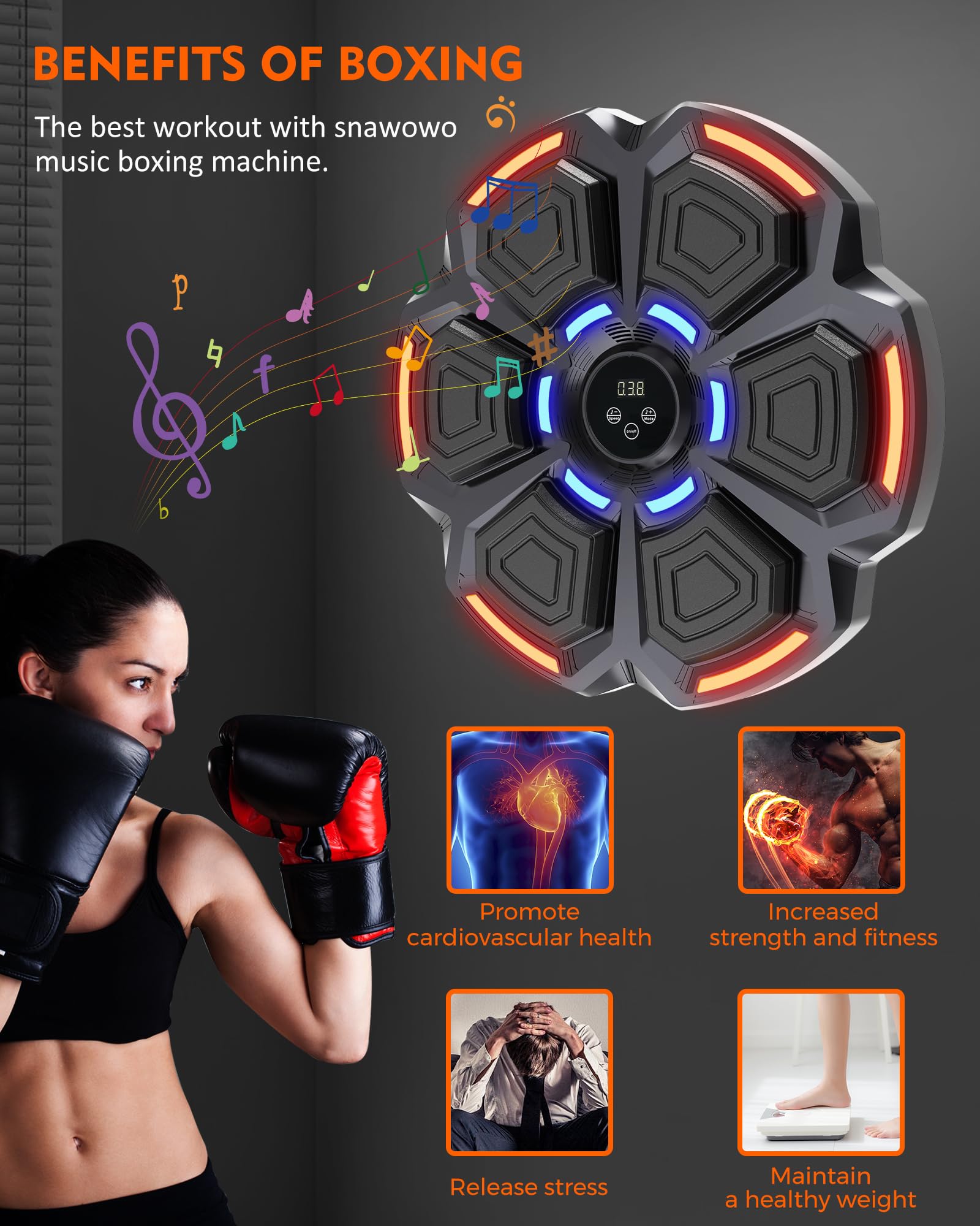 snawowo Music Boxing Machine Adultos - 9 Modos de Velocidad Boxe con Music Pared con Guantes De Boxeo - Máquina de Boxeo con Bluetooth y Recuento Inteligente y Luces al Ritmo de la Música