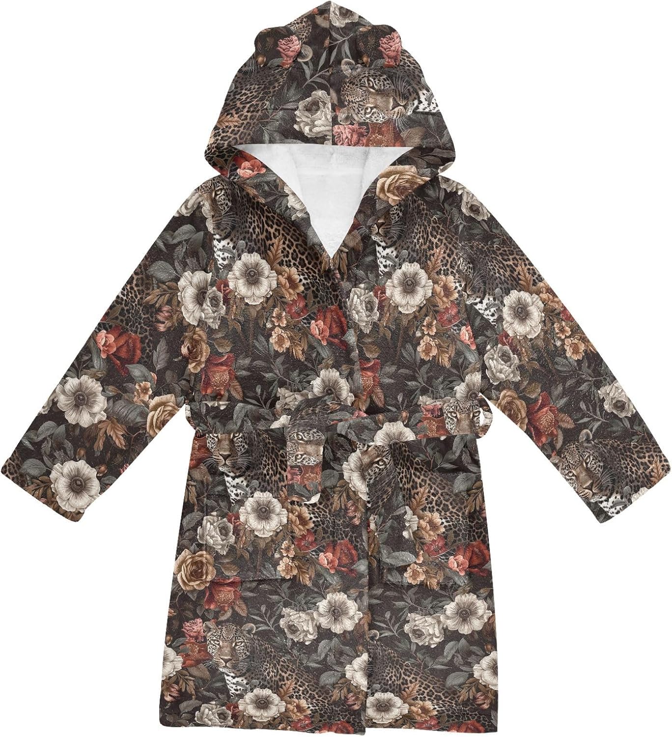 senya Leopard Flower Toddler Hooded Bathrobe Kids Soft Plush Bath Towel Robes for Boys Girls 2-12 Years