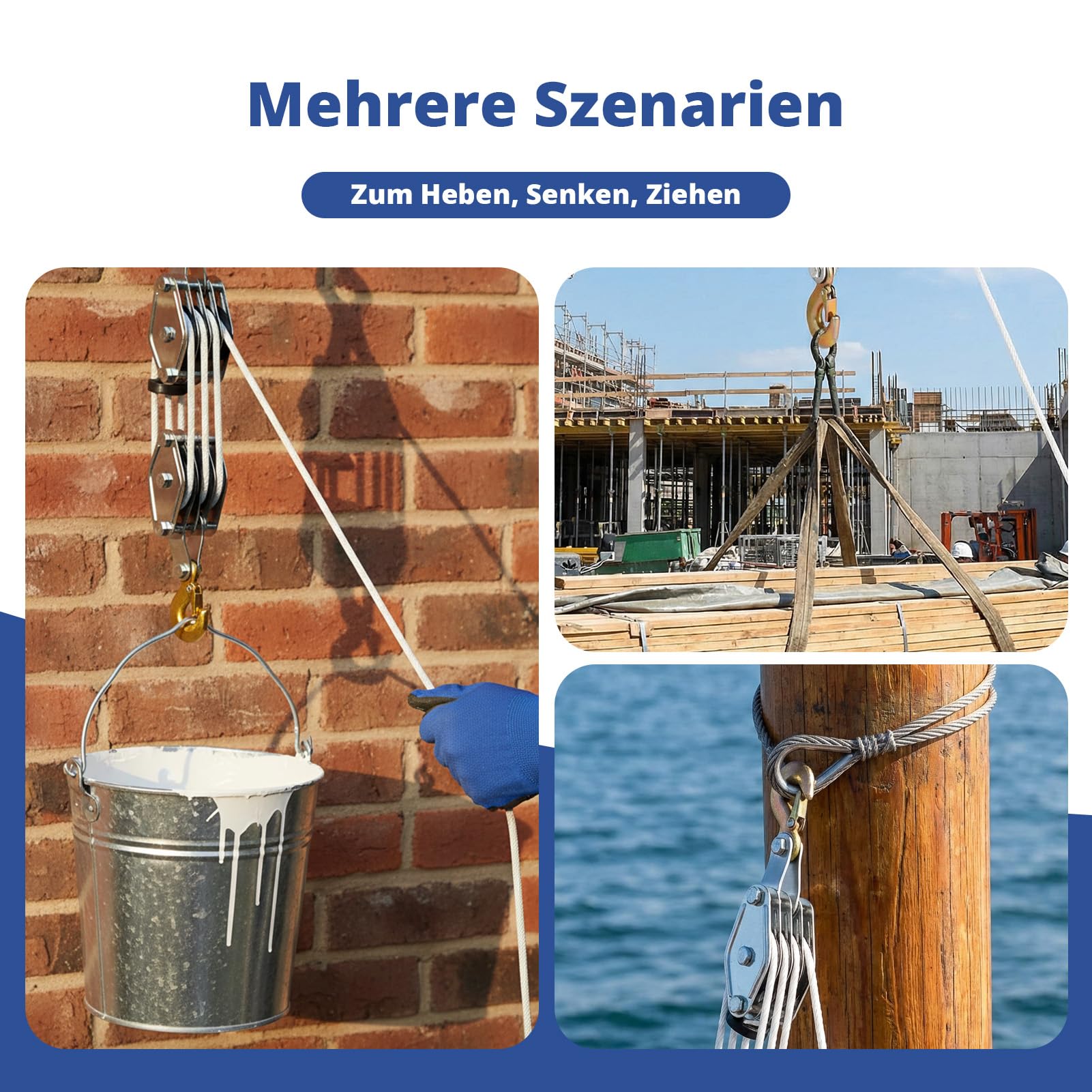 Flaschenzug Schwerlast, Flaschenzug mit Seilbremse Maximale Kapazität 4000LB Max Arbeitssparender Flaschenzug mit Haken&20m Nylon, bis 2,5 m Hubhöhe, Flaschenzug für Industrielle,Garagen, Lagerhallen