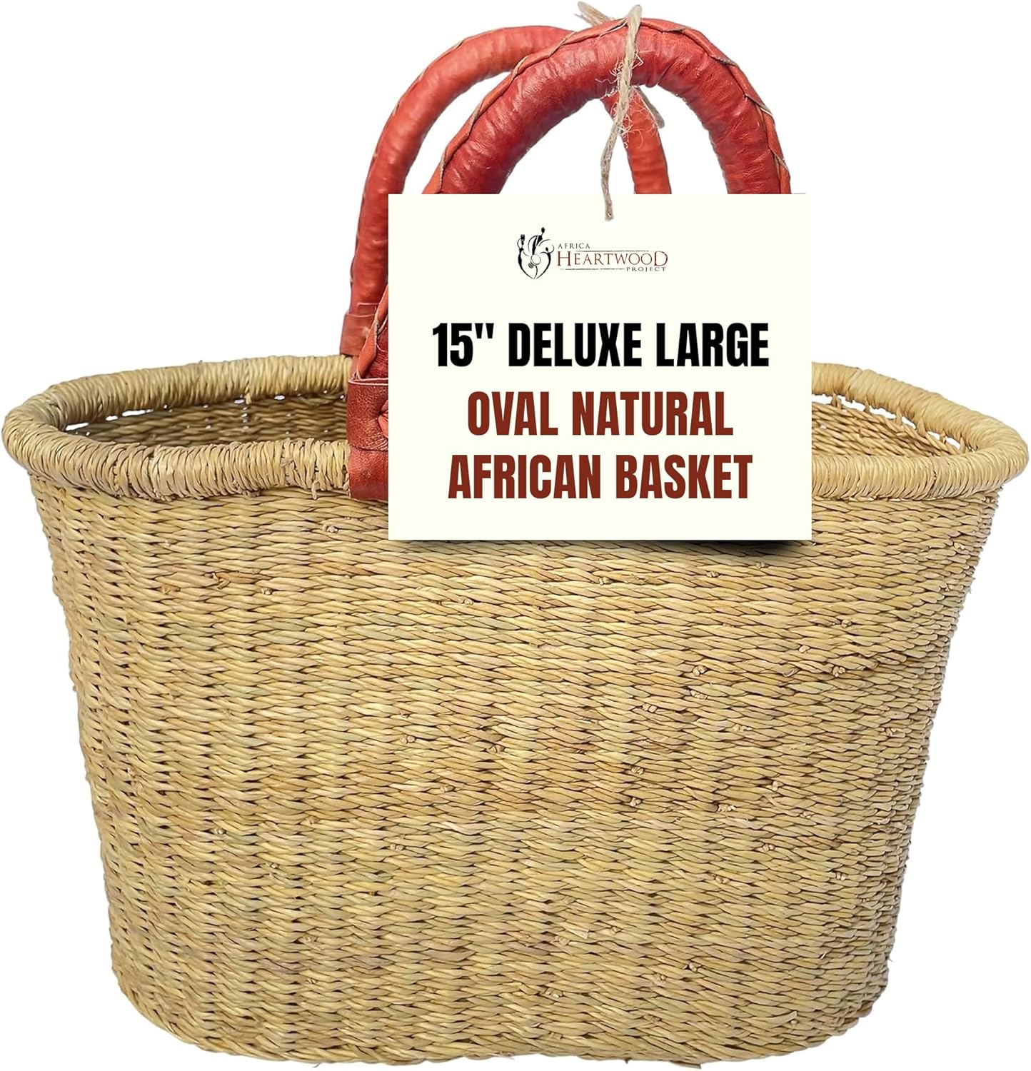 Africa Heartwood Project - Deluxe Large Oval Natural African Basket with Leather Handle - Classic Heartwood Bolga Market Basket from Women in Bolgatanga, Ghana - 15" Oval Flat-packed
