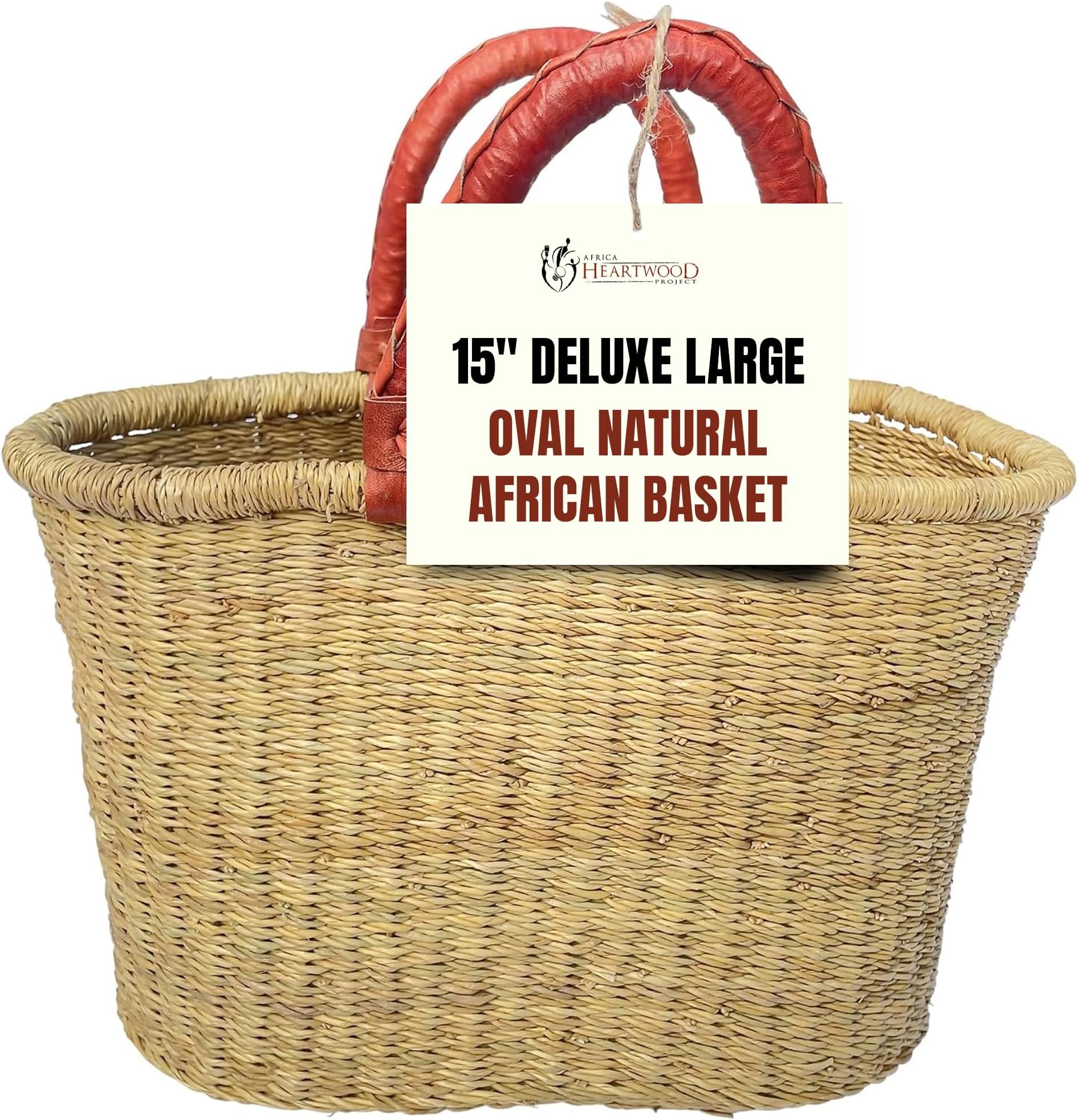 Deluxe Oval Natural Basket - Large 15" - by market women in Bolgatanga, Ghana with - GBMON (Flat-packed)