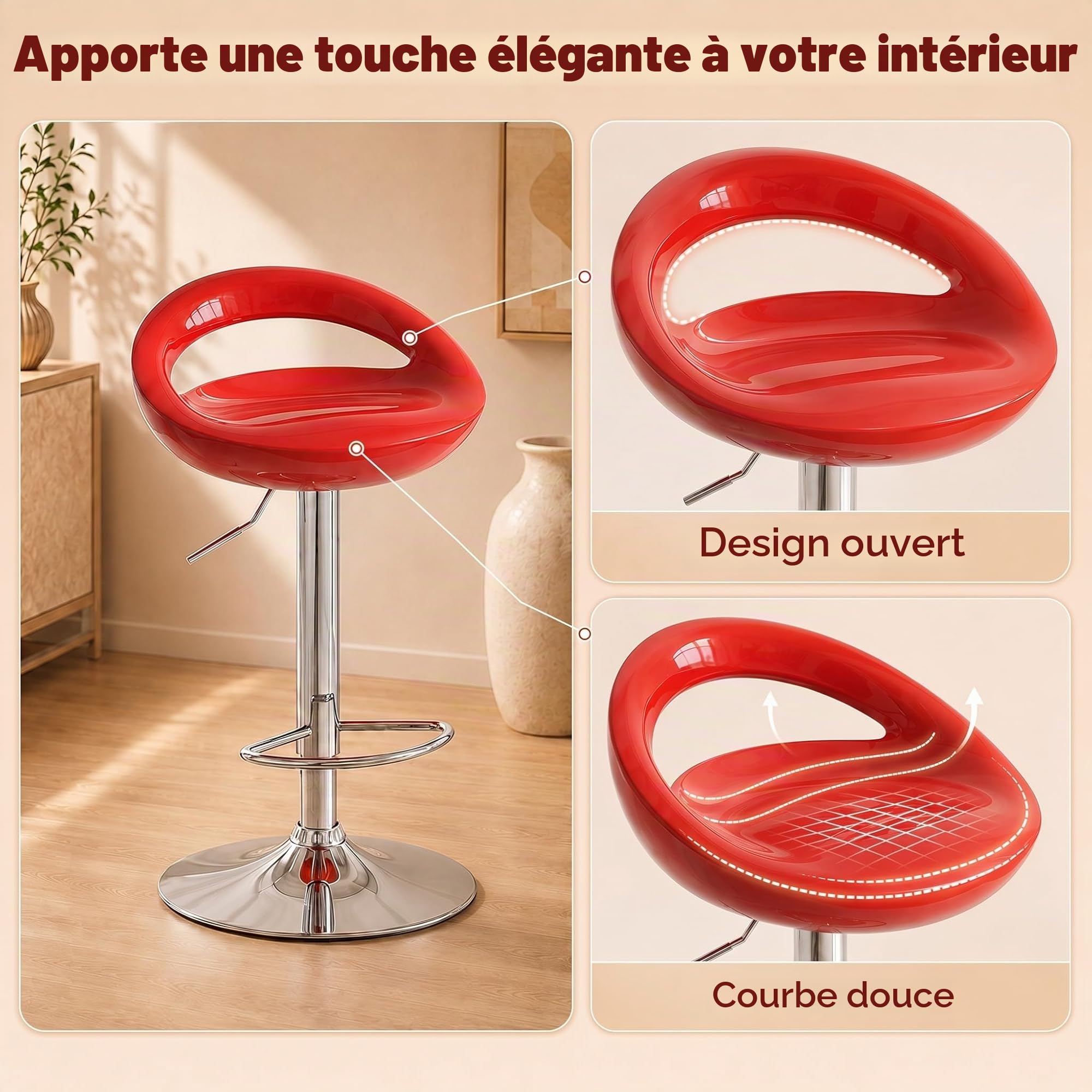 HOMCOM Lot de 2 Tabourets de Bar Réglable en Hauteur 46x41x76-96cm Rouge