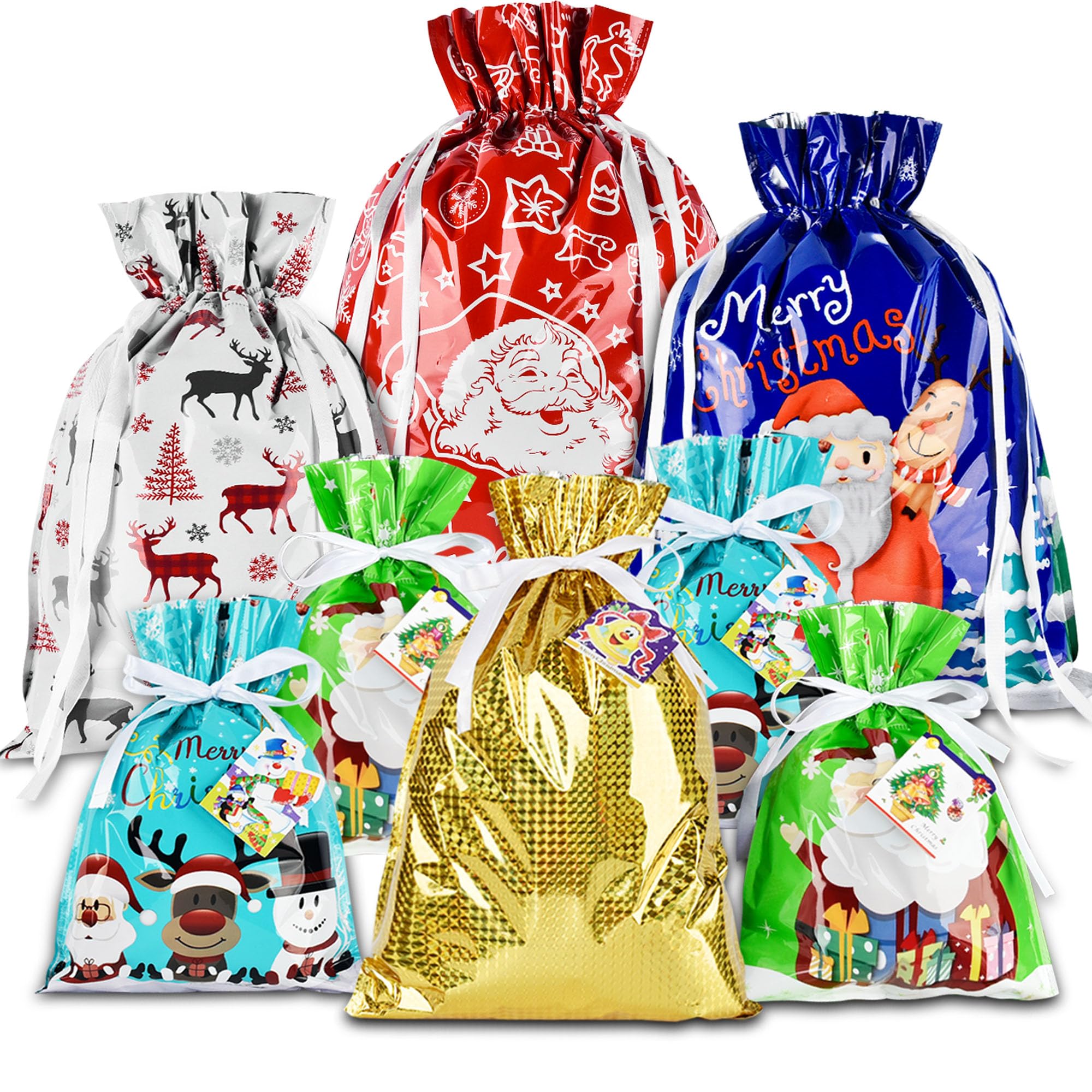 AUERVO 30PCS Christmas Drawstring Gift Bags with Tags Assorted Size
