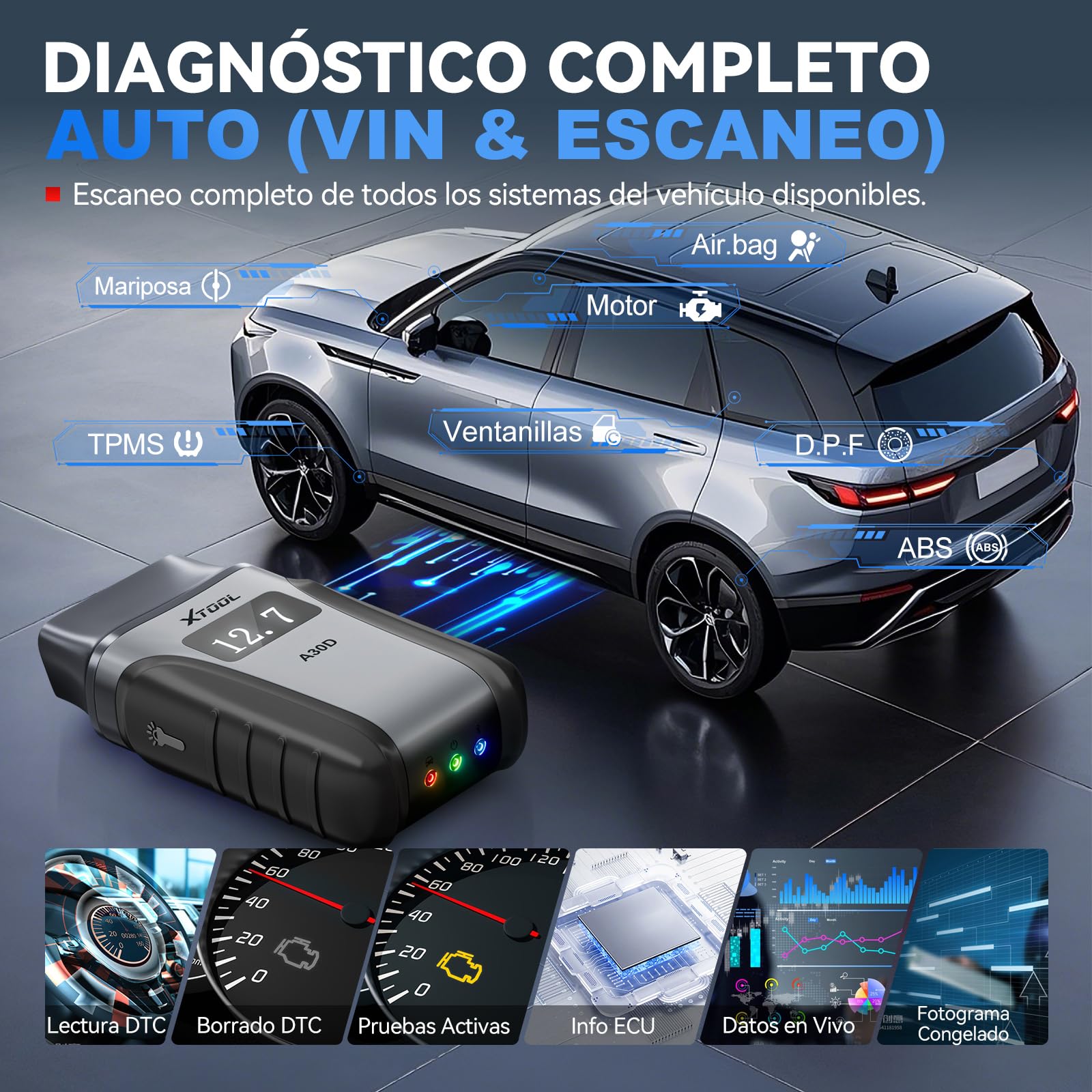 XTOOL Anyscan A30D OBD2 Diagnosis Español, diagnosis coche multimarca, 19 Servicios, Prueba Activa, Todos los Sistemas, OBD para Android e iOS, CAN FD, Actualizaciones Gratuitas, Inglés Predeterminado