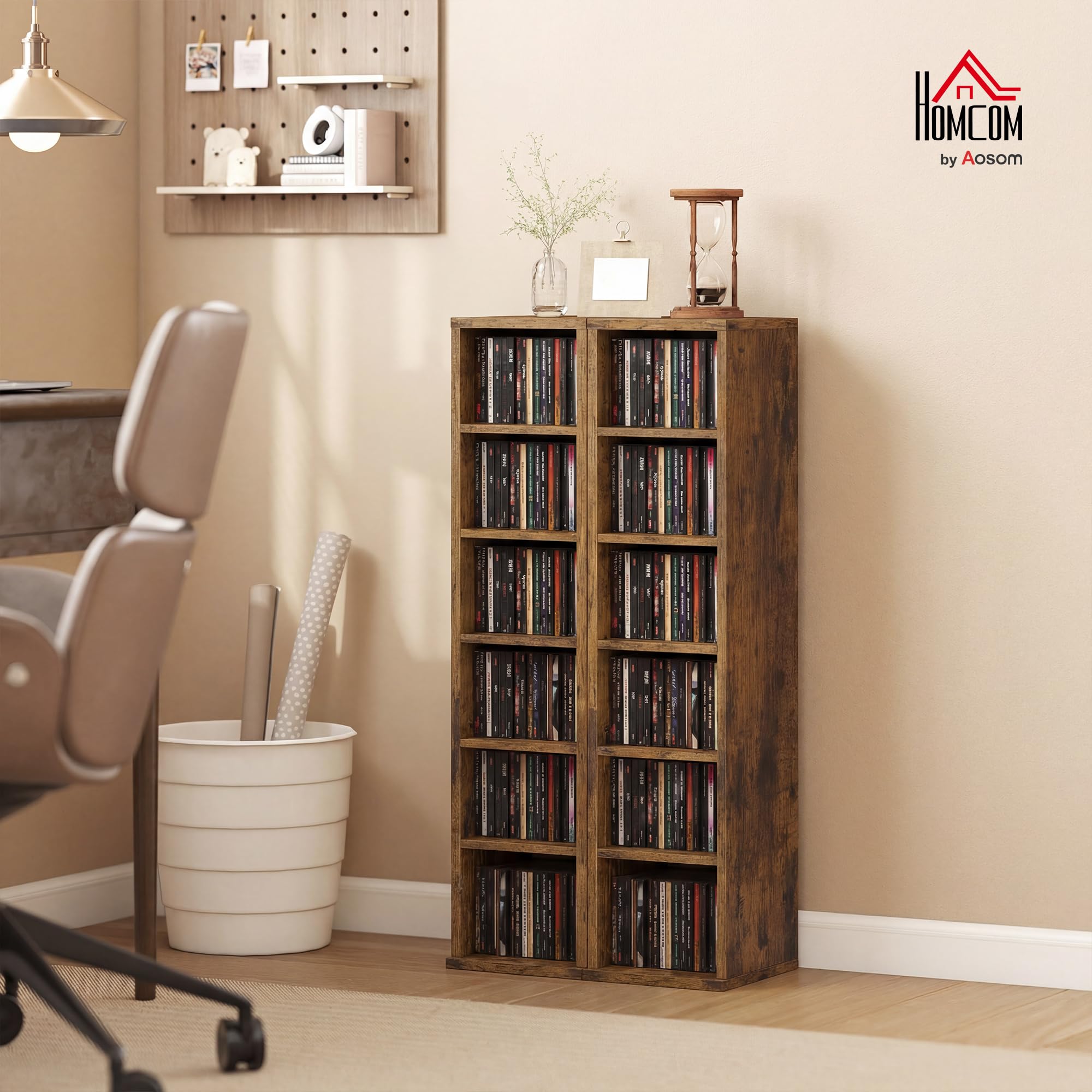 HOMCOM Scaffale Porta CD 2 Pezzi a 6 Ripiani, Scaffale Libreria in Legno per 204 CD ad Altezza Regolabile, 21x22.5x88.5 cm, Marrone Rustico