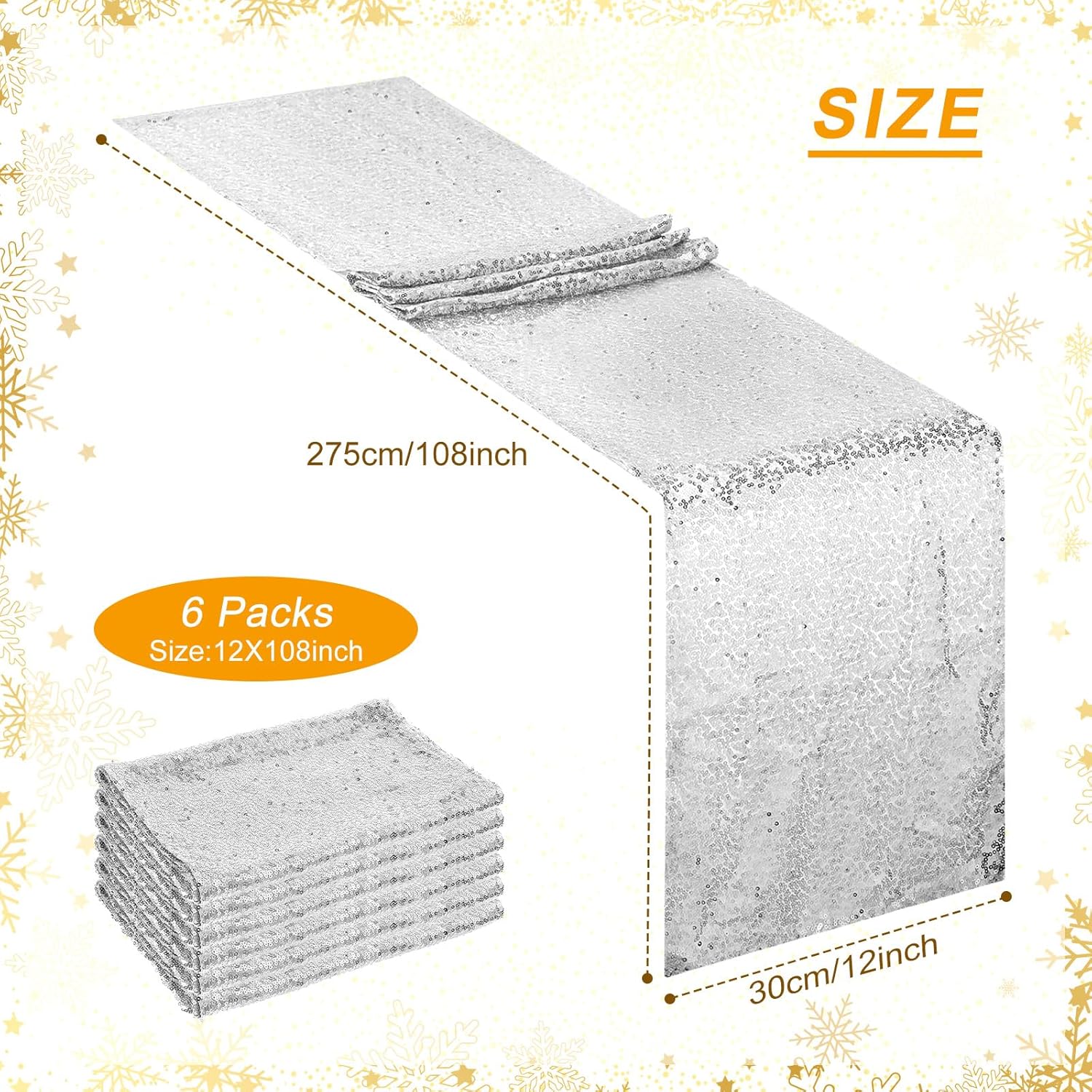 6 Pack 12" x 108" Sequin Table Runner, Silver Glitter Table Runner,Rectangular Table Runners for Birthday,Wedding, Banquet,Holiday Party Decorations